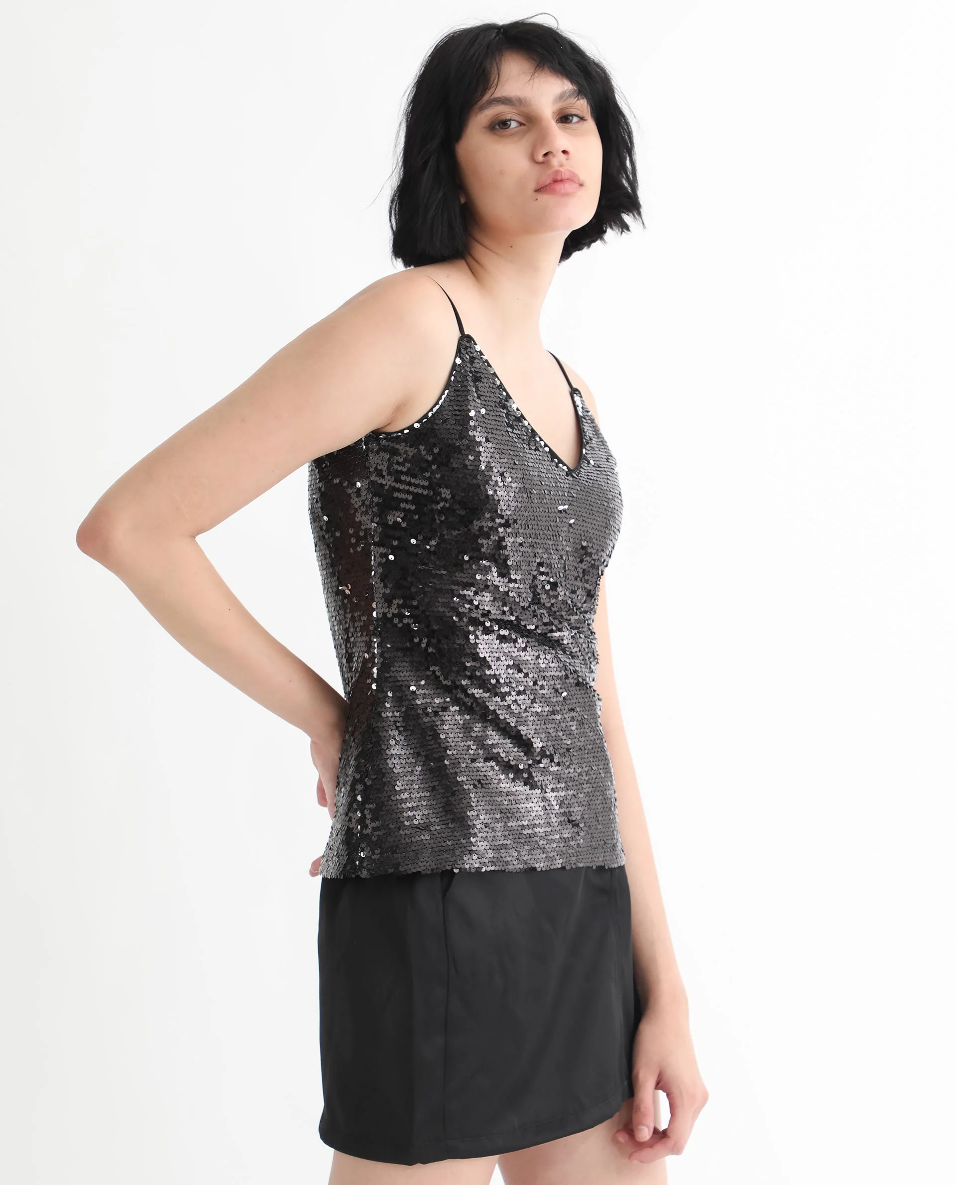 Rareism Women's Molly Sheen Black Polyester Collarless Sequined Shoulder Strap Regular Fit Top - Image 7