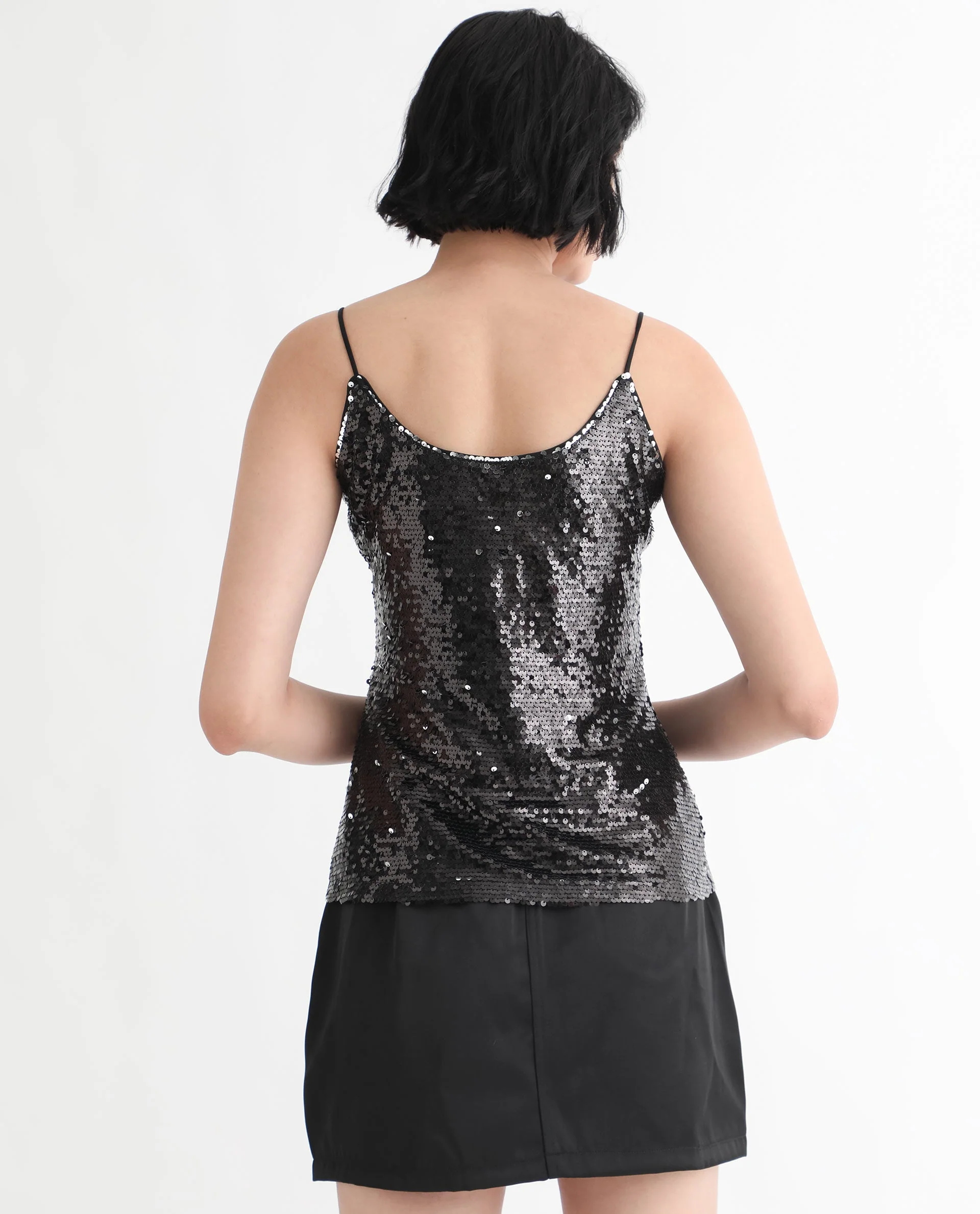 Rareism Women's Molly Sheen Black Polyester Collarless Sequined Shoulder Strap Regular Fit Top - Image 8
