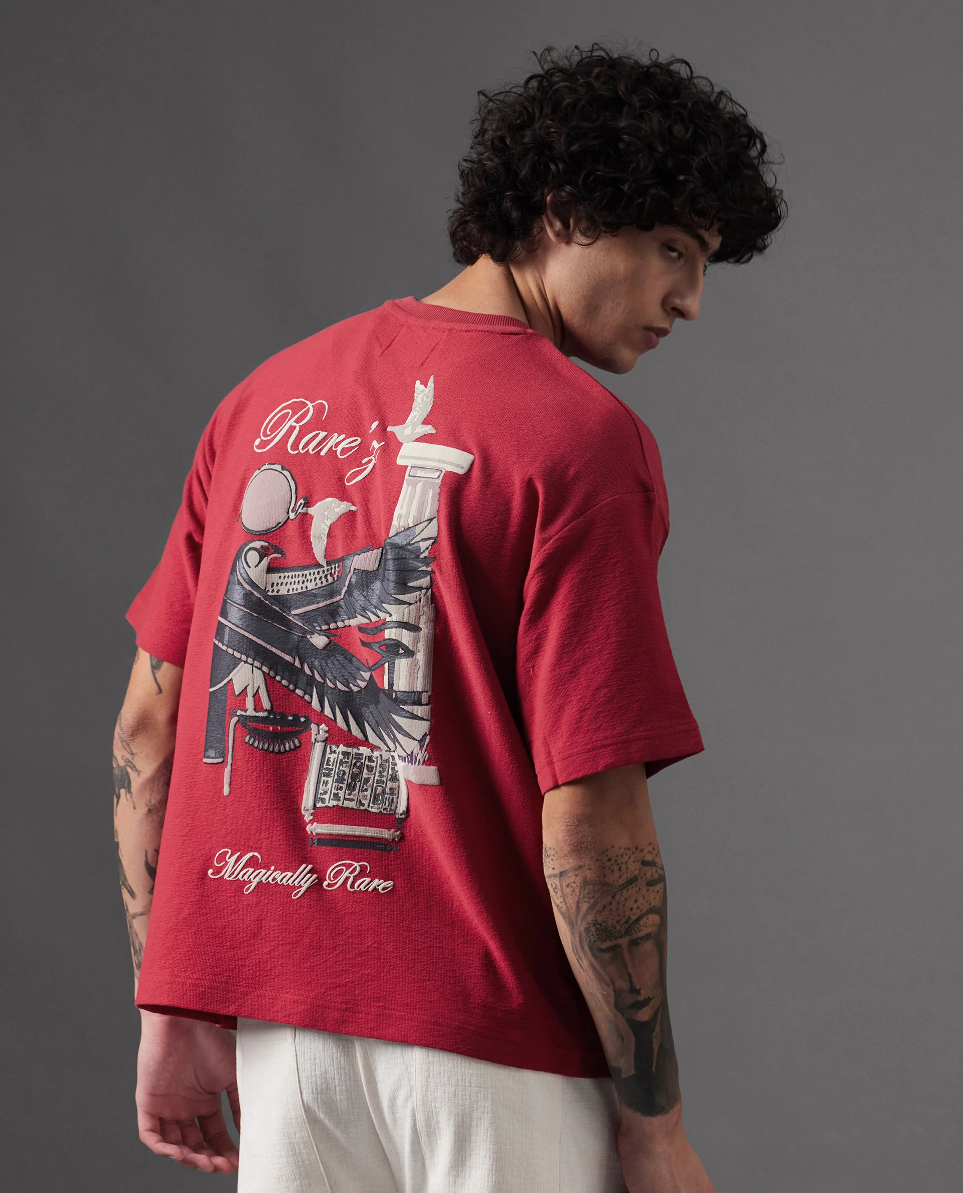 Rare Rabbit Men's Molo Red Cotton Graphic Print Oversized Fit Half Sleeve Crew Neck T-Shirt
