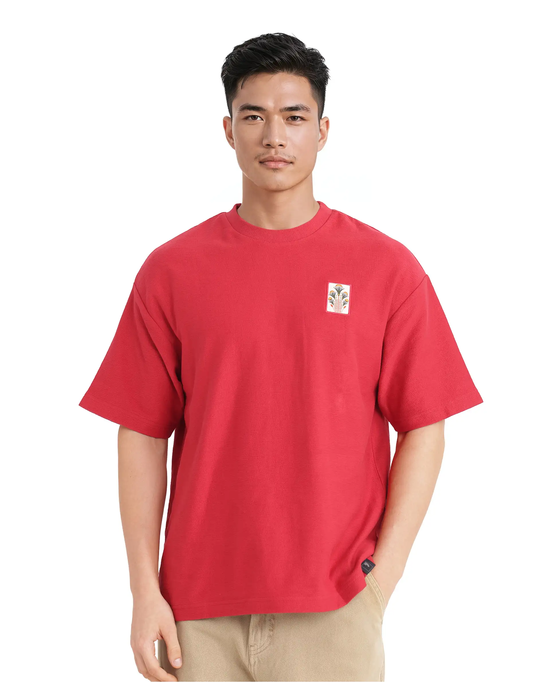 Rare Rabbit Men's Molo Red Cotton Graphic Print Oversized Fit Half Sleeve Crew Neck T-Shirt - Image 5