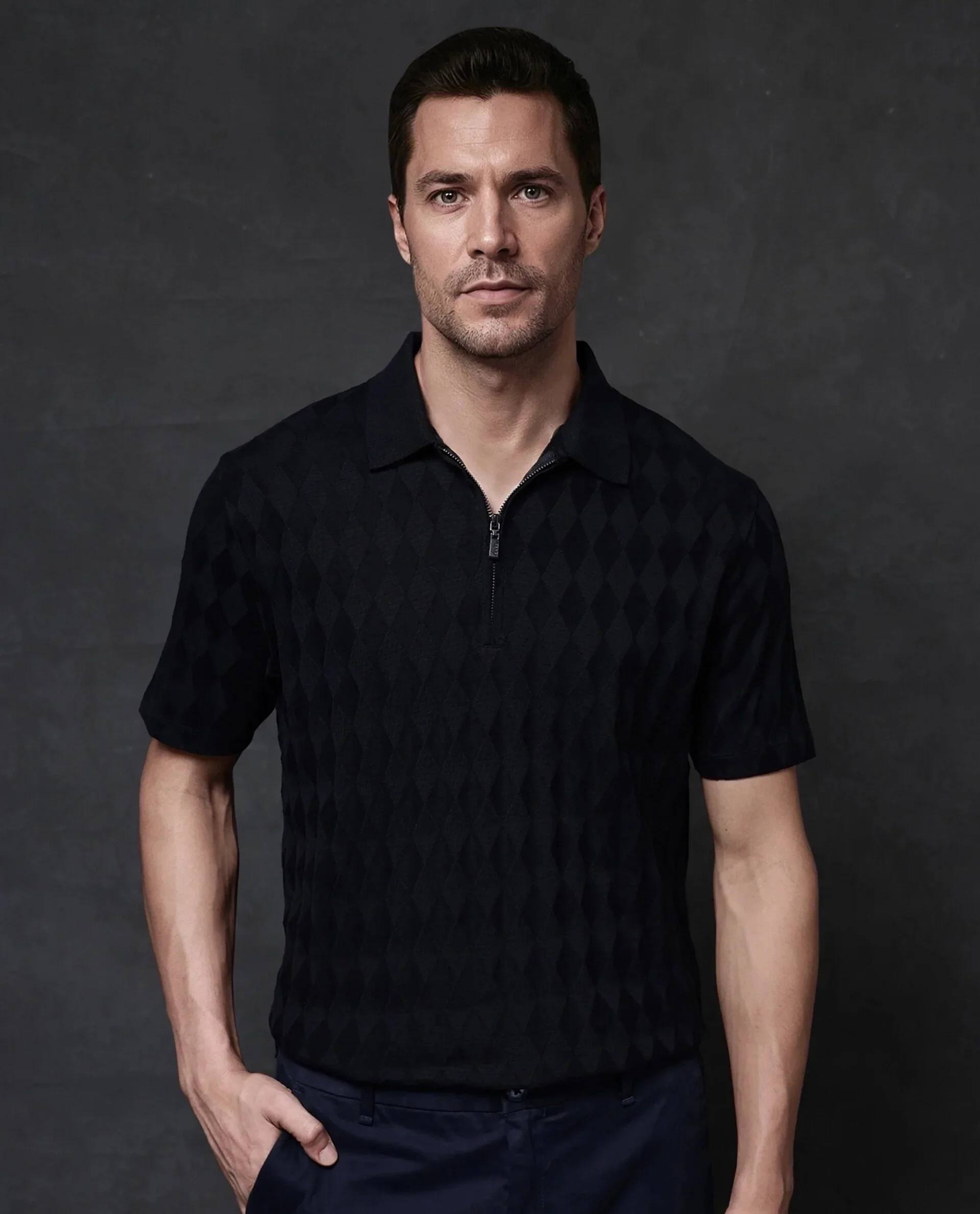 Rare Rabbit Men's Mon Navy Cotton Jacquard Regular Fit Half Sleeve Polo