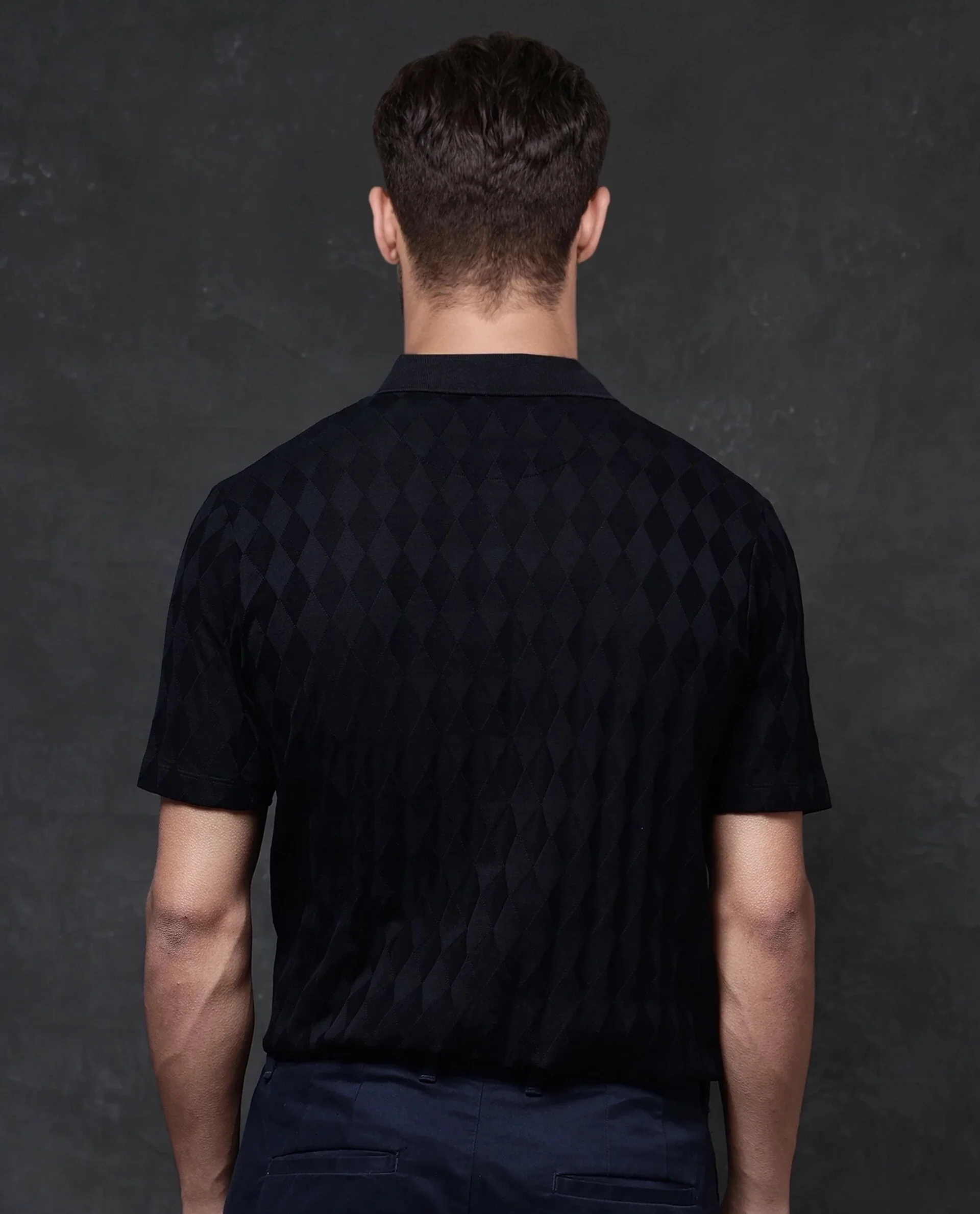 Rare Rabbit Men's Mon Navy Cotton Jacquard Regular Fit Half Sleeve Polo - Image 4
