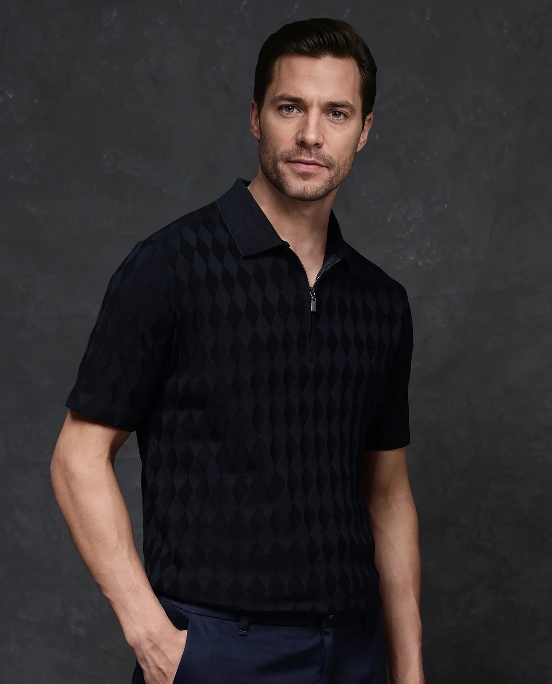 Rare Rabbit Men's Mon Navy Cotton Jacquard Regular Fit Half Sleeve Polo - Image 5