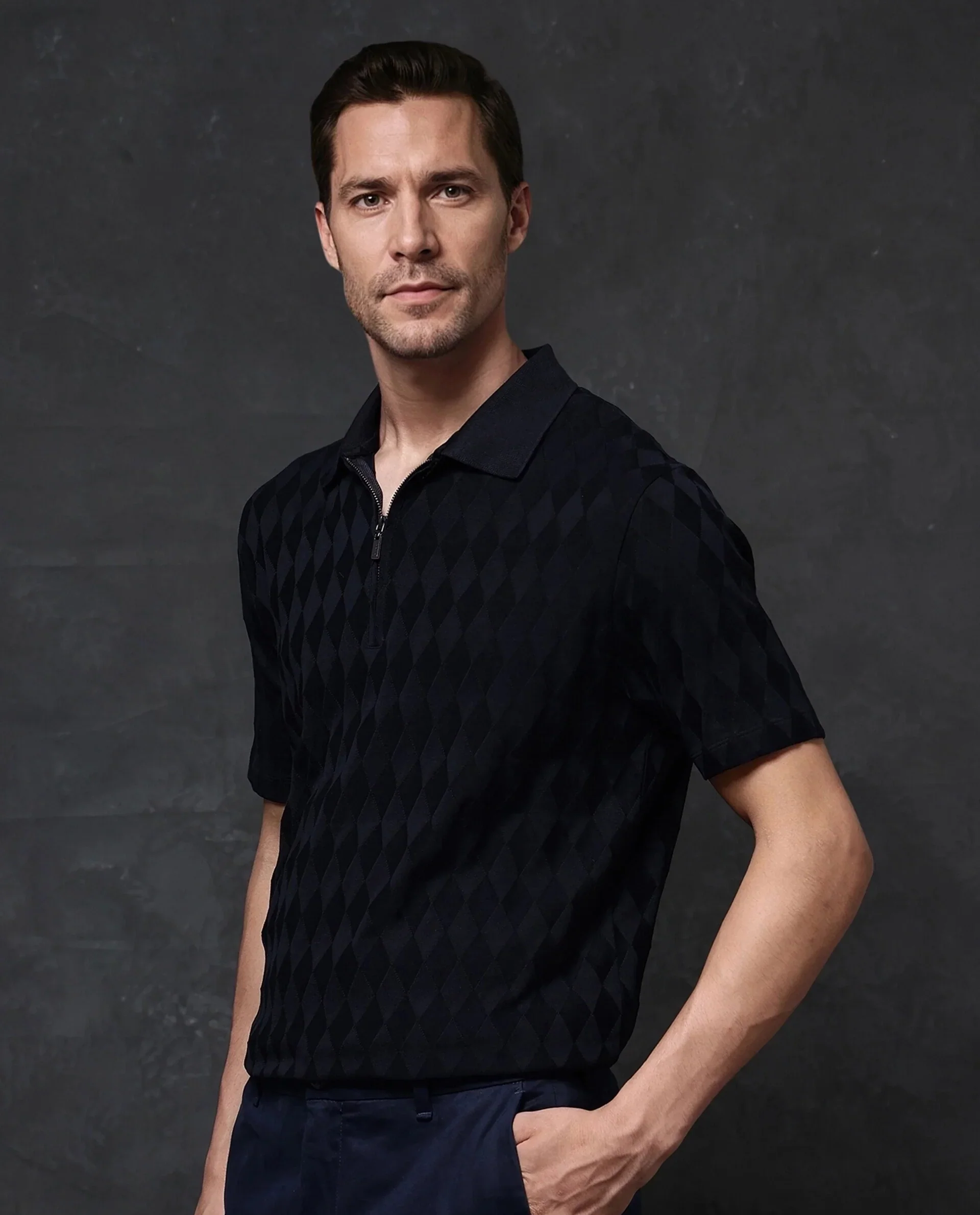 Rare Rabbit Men's Mon Navy Cotton Jacquard Regular Fit Half Sleeve Polo - Image 6