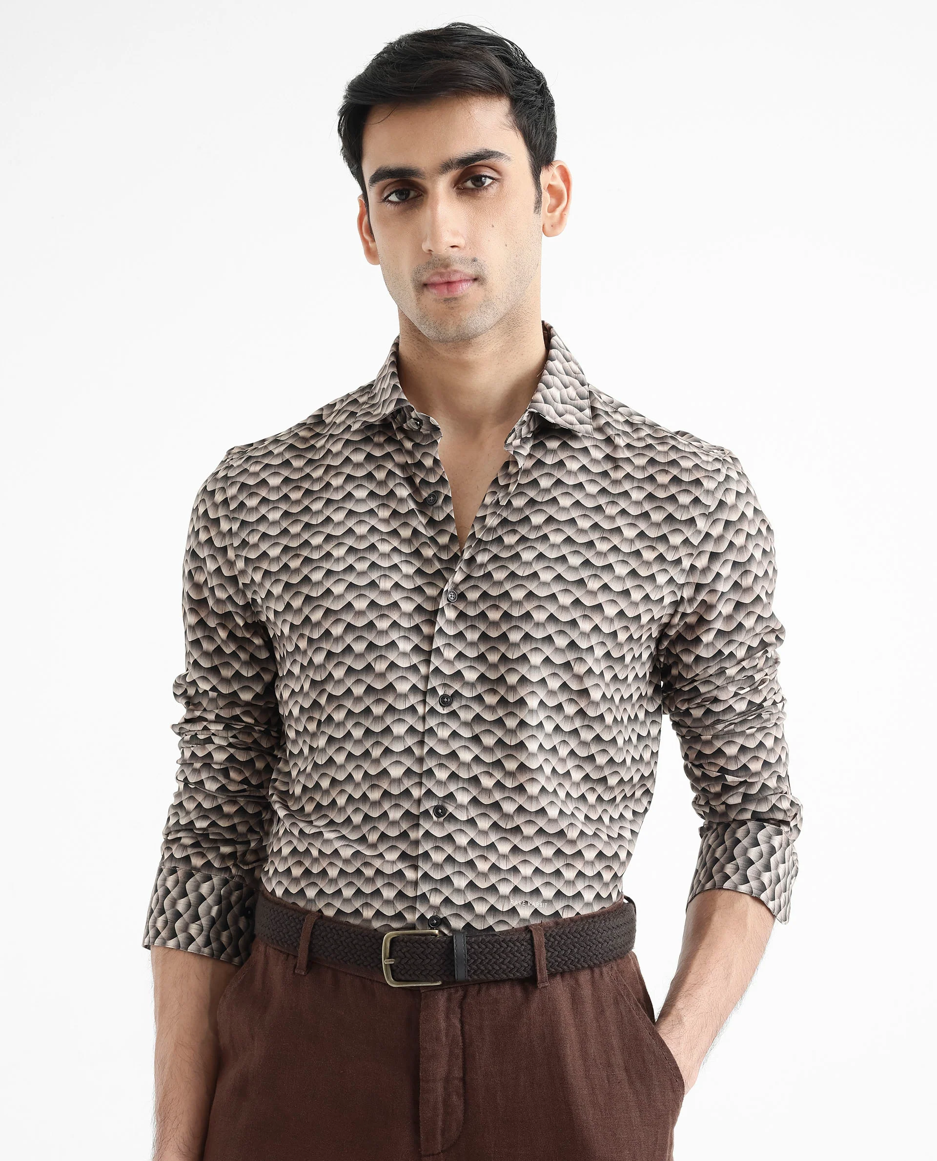Rare Rabbit Men's Monar Ls Beige Viscose Geometric Print Regular Fit Full Sleeve Collared Shirt