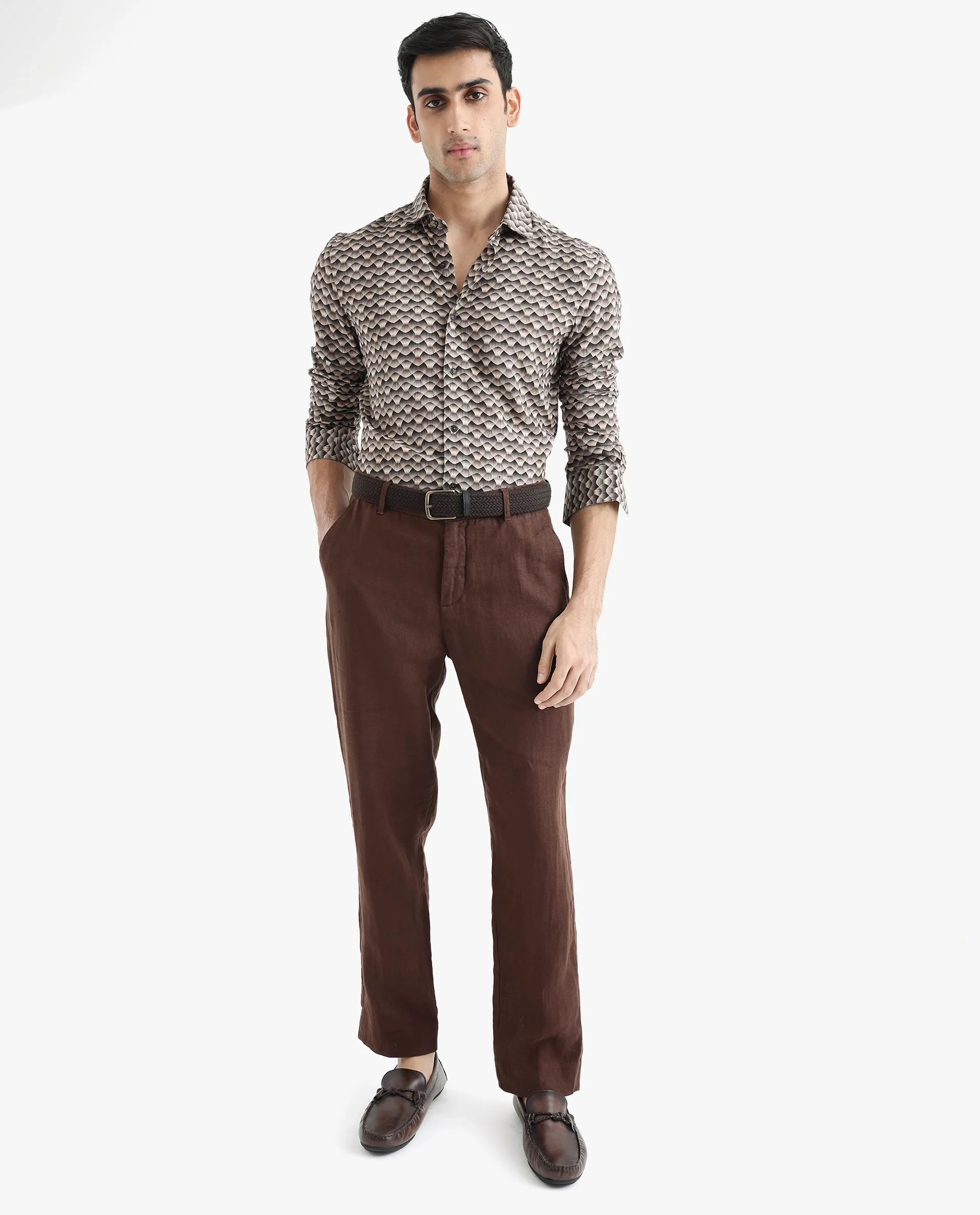 Rare Rabbit Men's Monar Ls Beige Viscose Geometric Print Regular Fit Full Sleeve Collared Shirt - Image 2