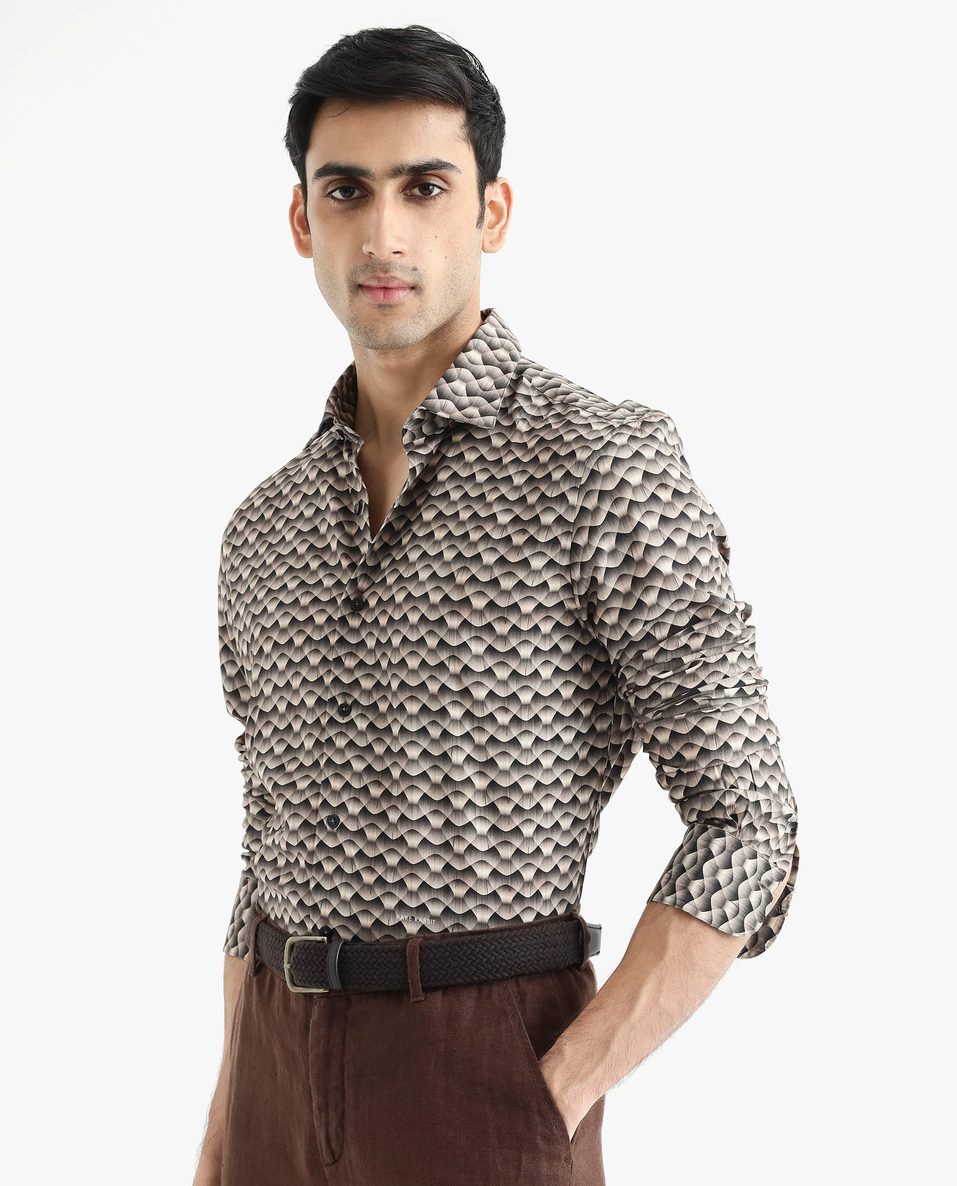 Rare Rabbit Men's Monar Ls Beige Viscose Geometric Print Regular Fit Full Sleeve Collared Shirt - Image 3