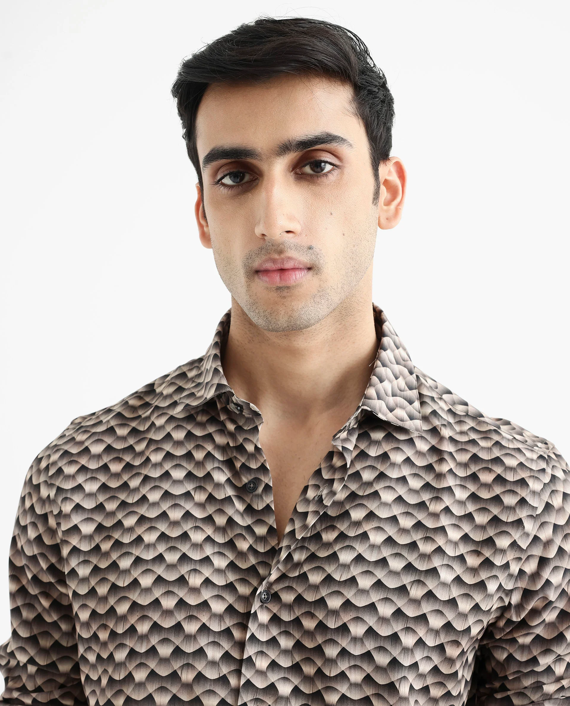 Rare Rabbit Men's Monar Ls Beige Viscose Geometric Print Regular Fit Full Sleeve Collared Shirt - Image 4