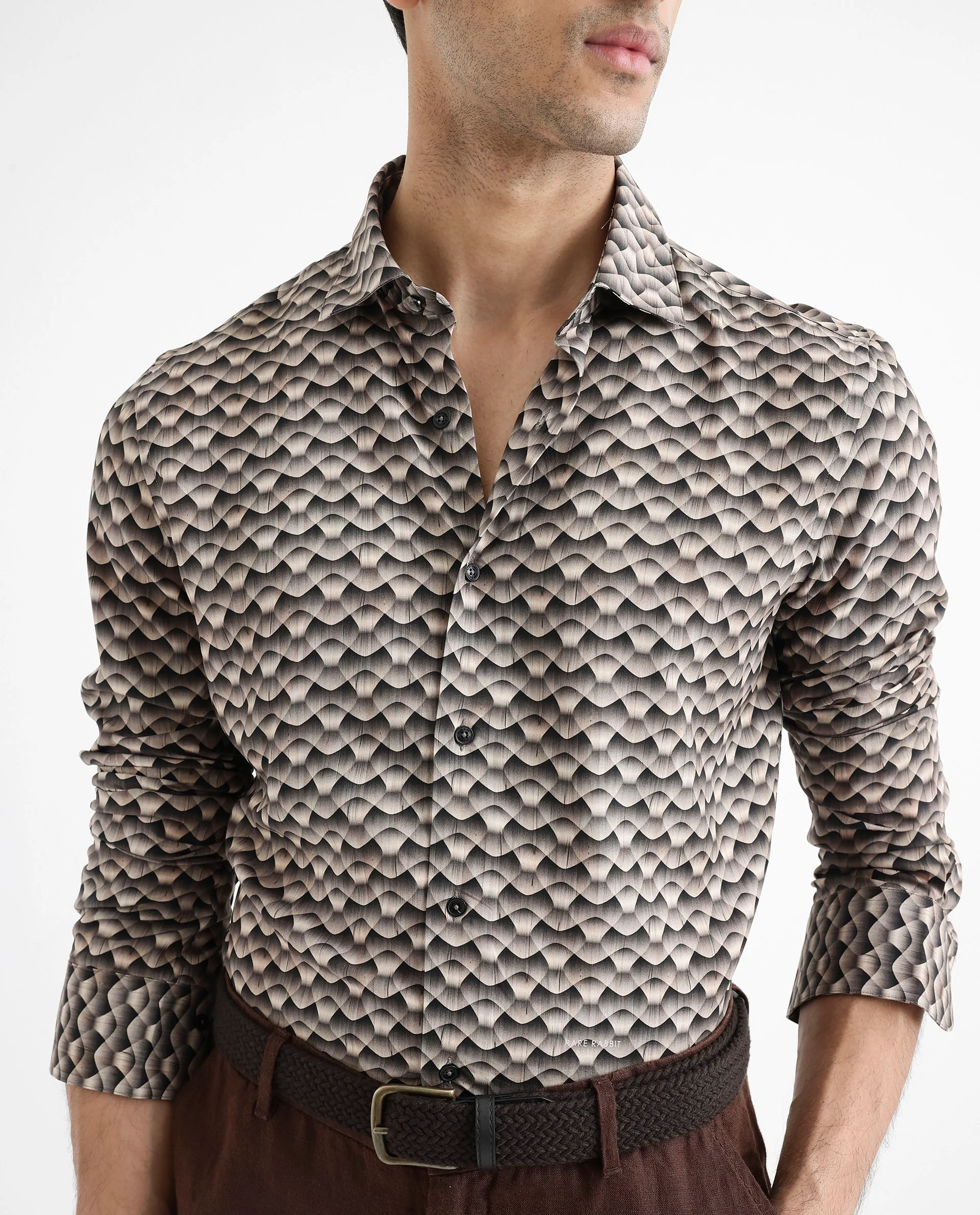 Rare Rabbit Men's Monar Ls Beige Viscose Geometric Print Regular Fit Full Sleeve Collared Shirt - Image 5