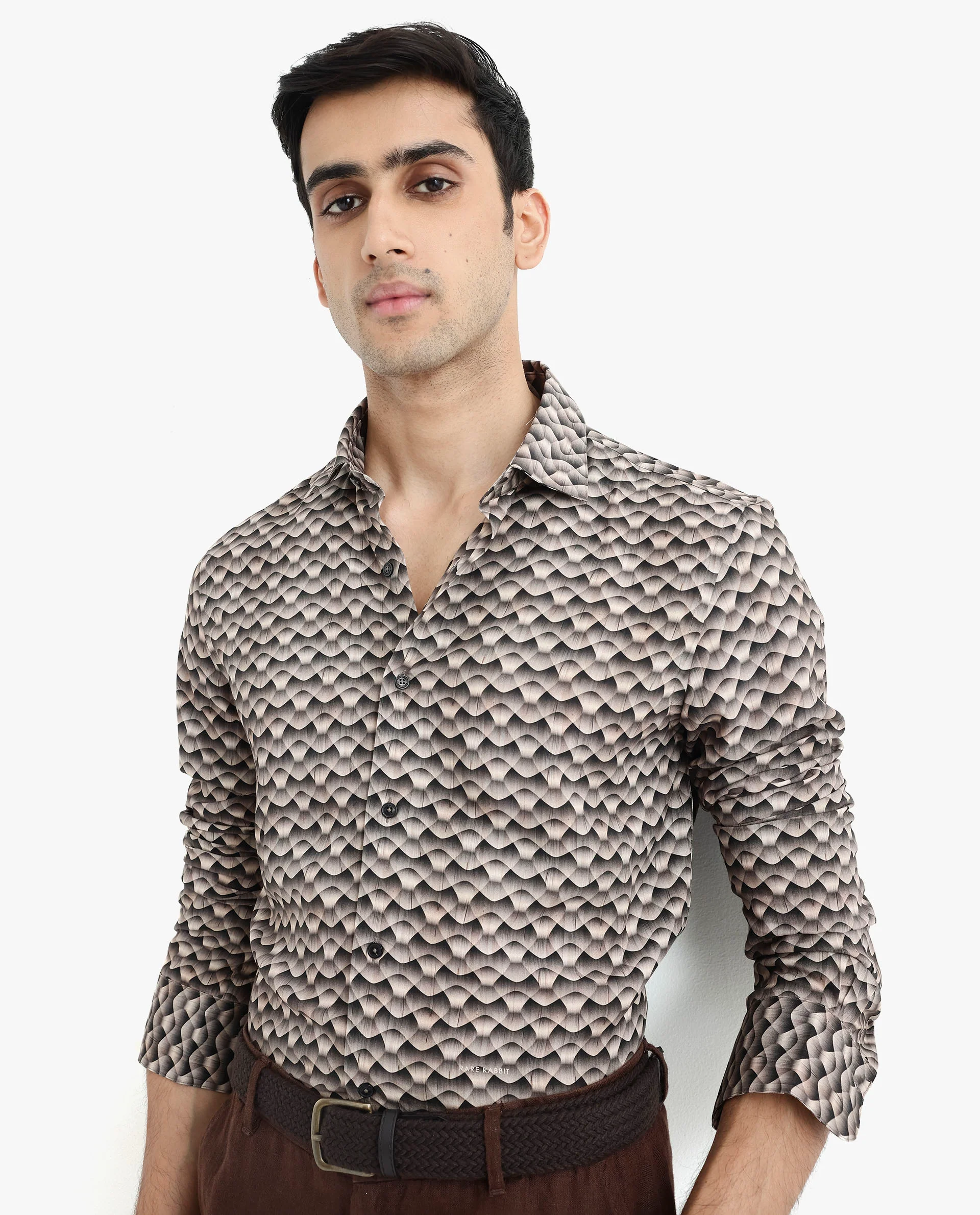 Rare Rabbit Men's Monar Ls Beige Viscose Geometric Print Regular Fit Full Sleeve Collared Shirt - Image 6