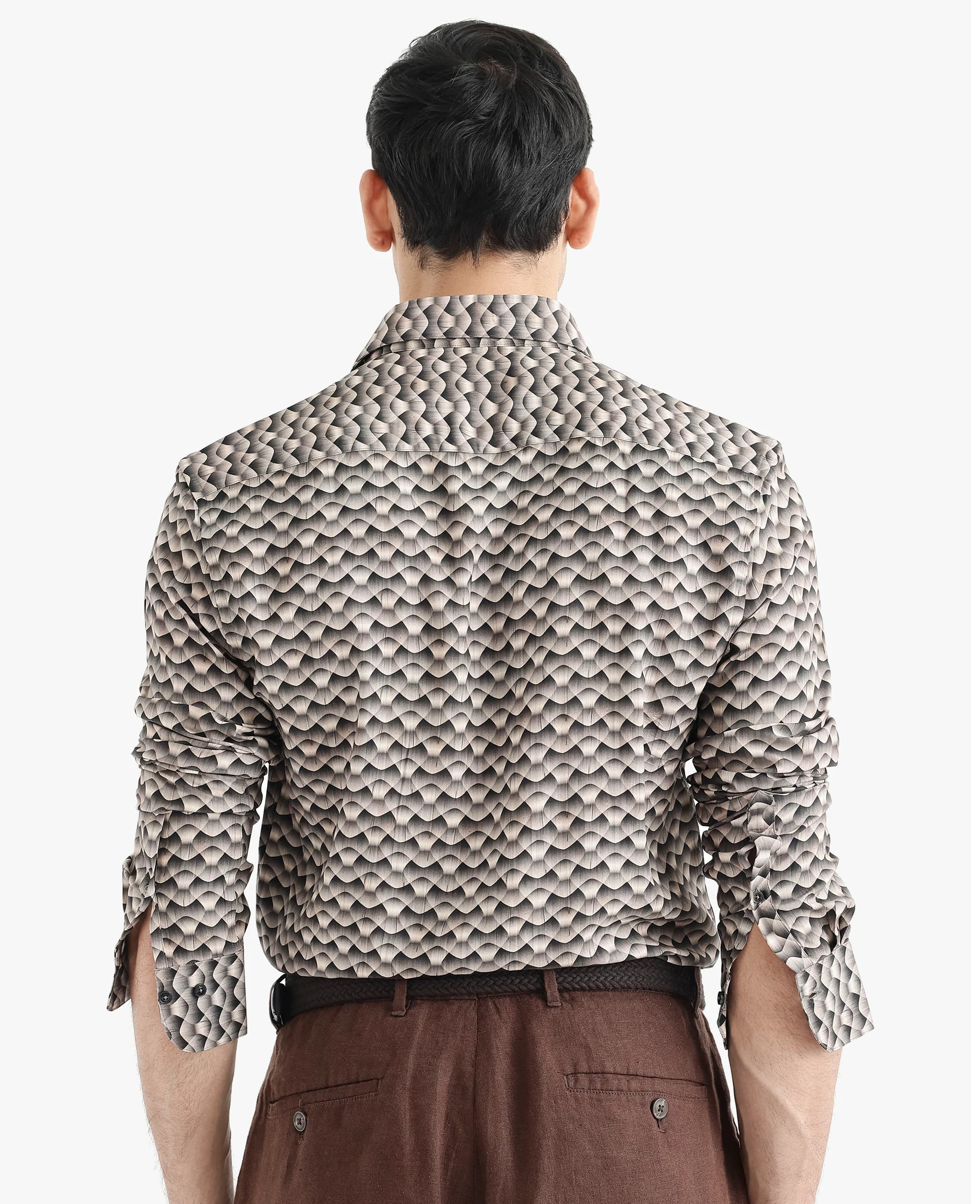 Rare Rabbit Men's Monar Ls Beige Viscose Geometric Print Regular Fit Full Sleeve Collared Shirt - Image 7