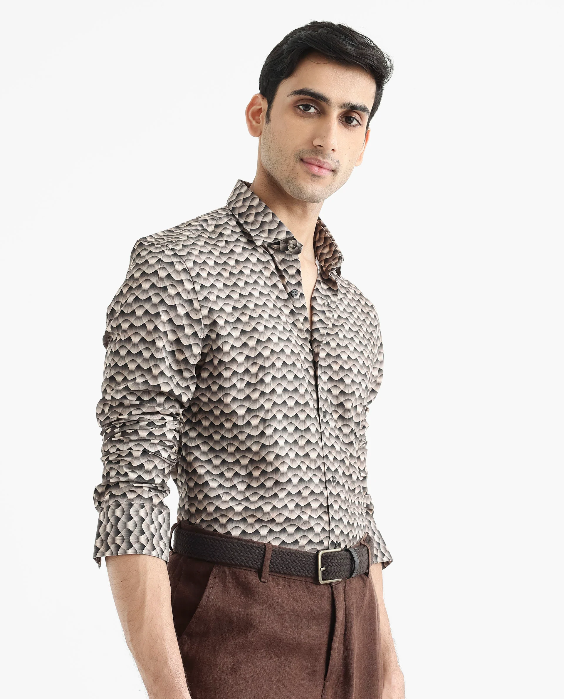 Rare Rabbit Men's Monar Ls Beige Viscose Geometric Print Regular Fit Full Sleeve Collared Shirt - Image 8