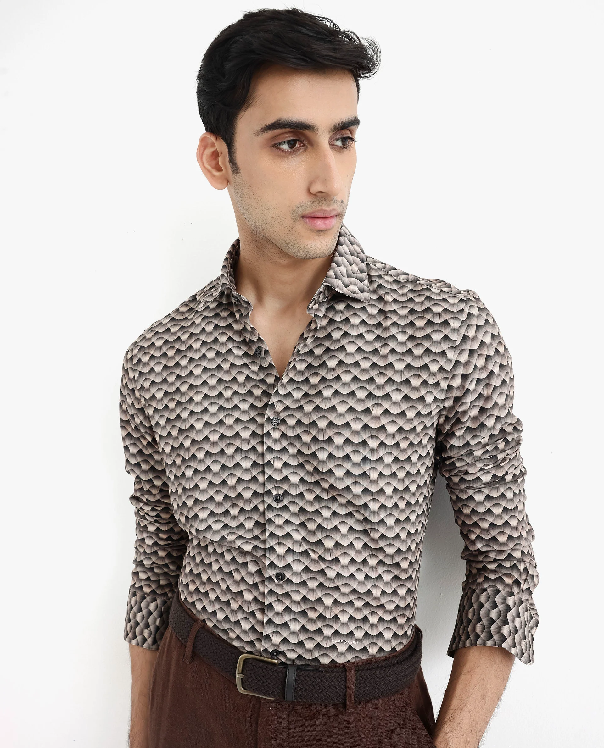 Rare Rabbit Men's Monar Ls Beige Viscose Geometric Print Regular Fit Full Sleeve Collared Shirt - Image 9