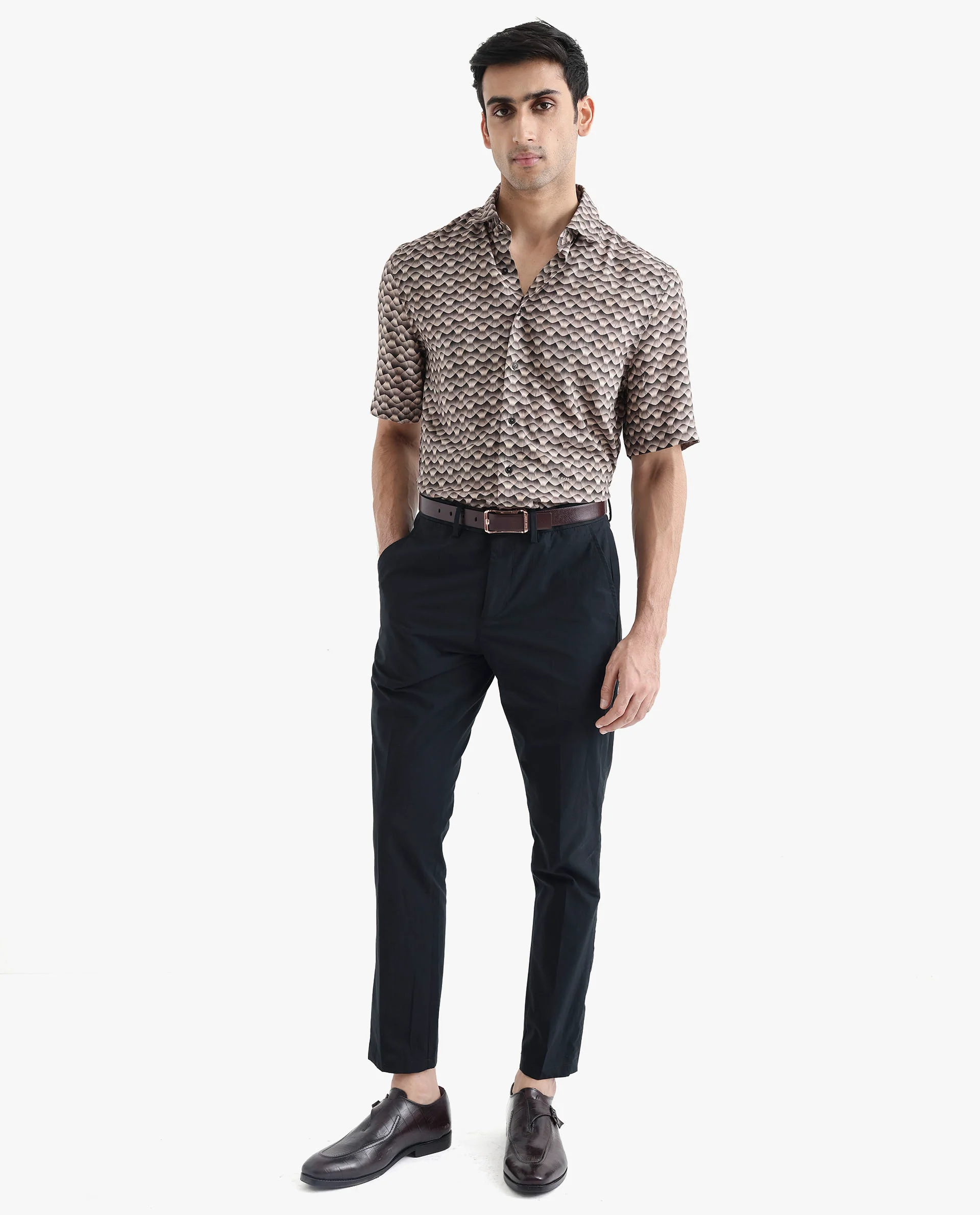 Rare Rabbit Men's Monar Ss Beige Viscose Geometric Print Boxy Fit Half Sleeve Collared Shirt - Image 2