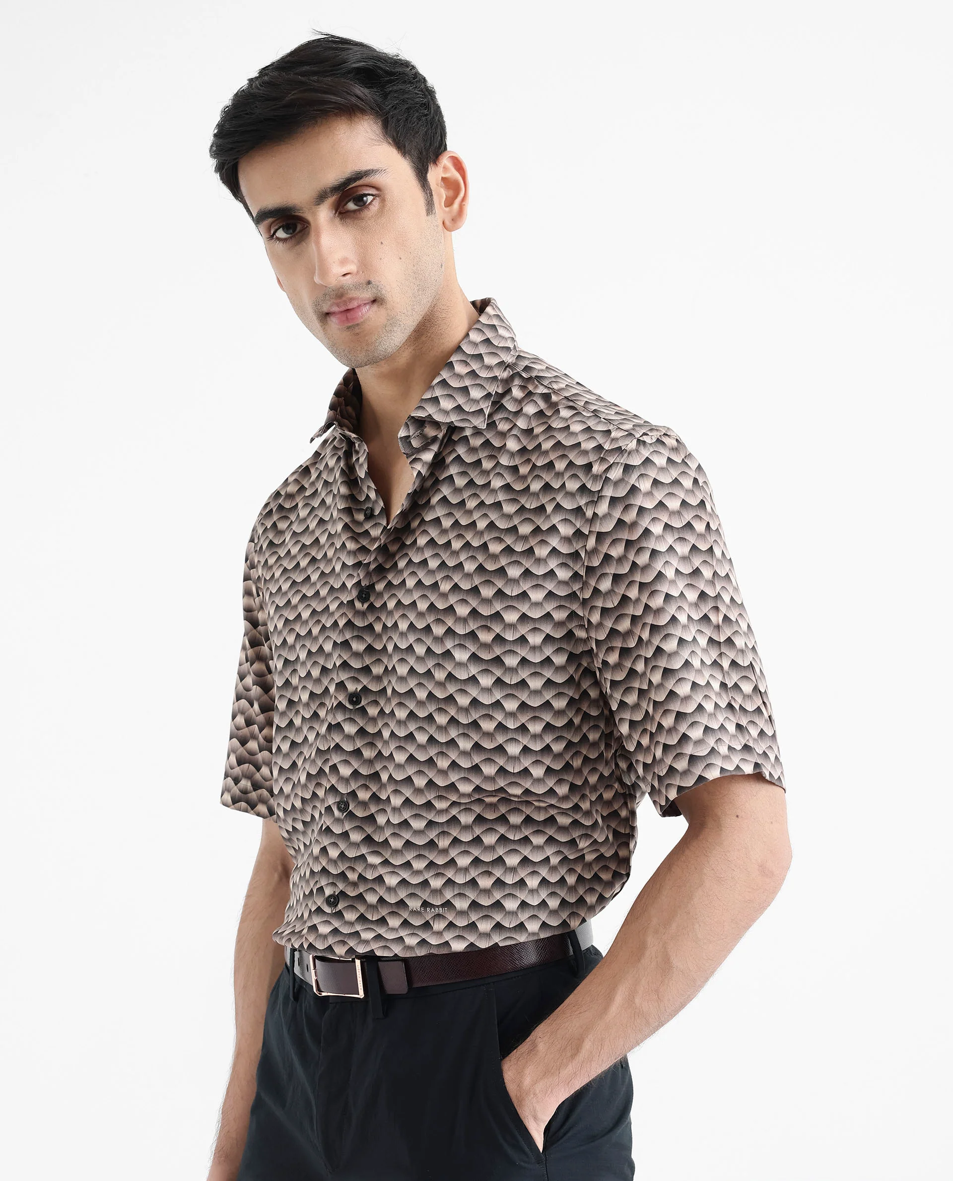 Rare Rabbit Men's Monar Ss Beige Viscose Geometric Print Boxy Fit Half Sleeve Collared Shirt - Image 3