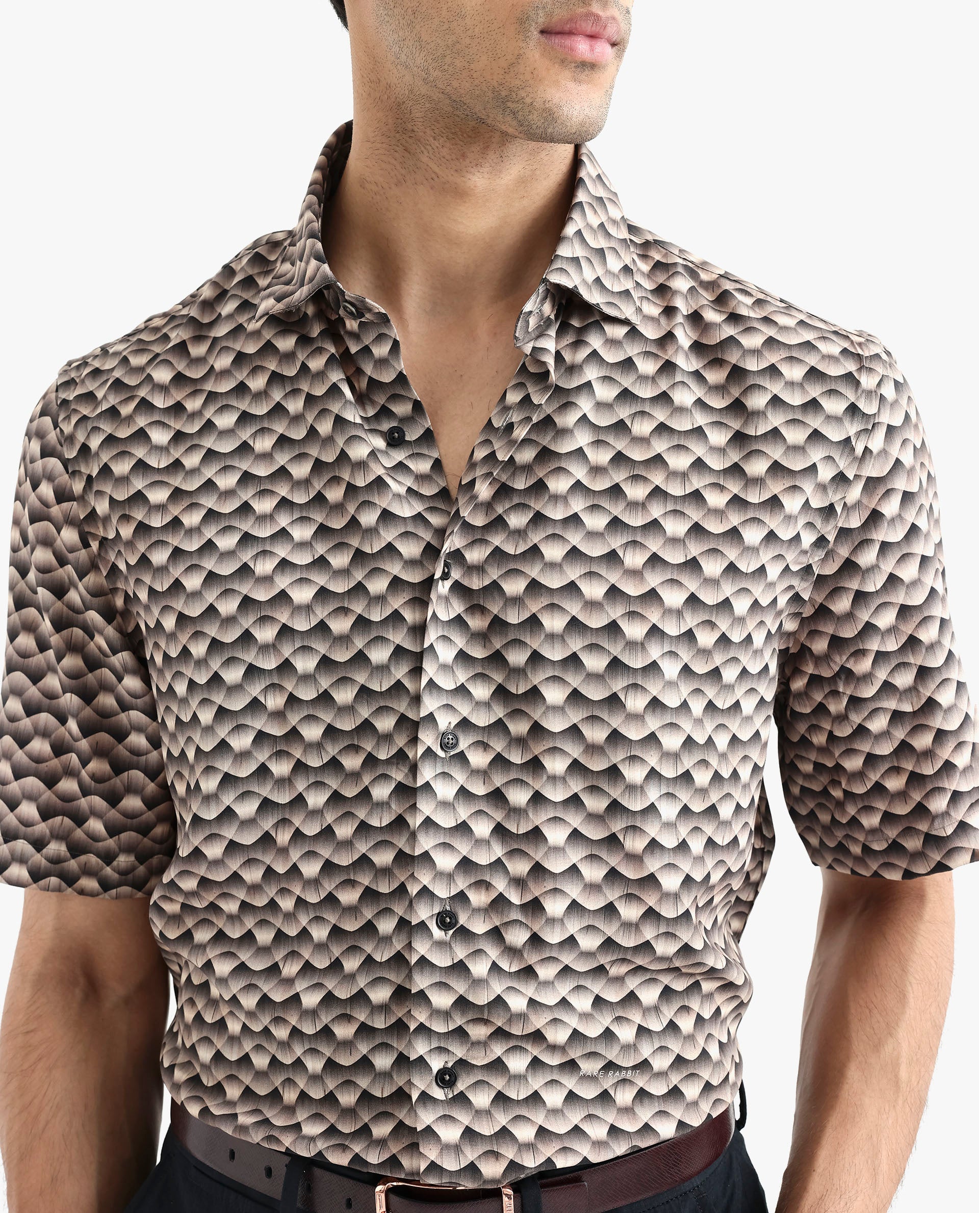 Rare Rabbit Men's Monar Ss Beige Viscose Geometric Print Boxy Fit Half Sleeve Collared Shirt - Image 4