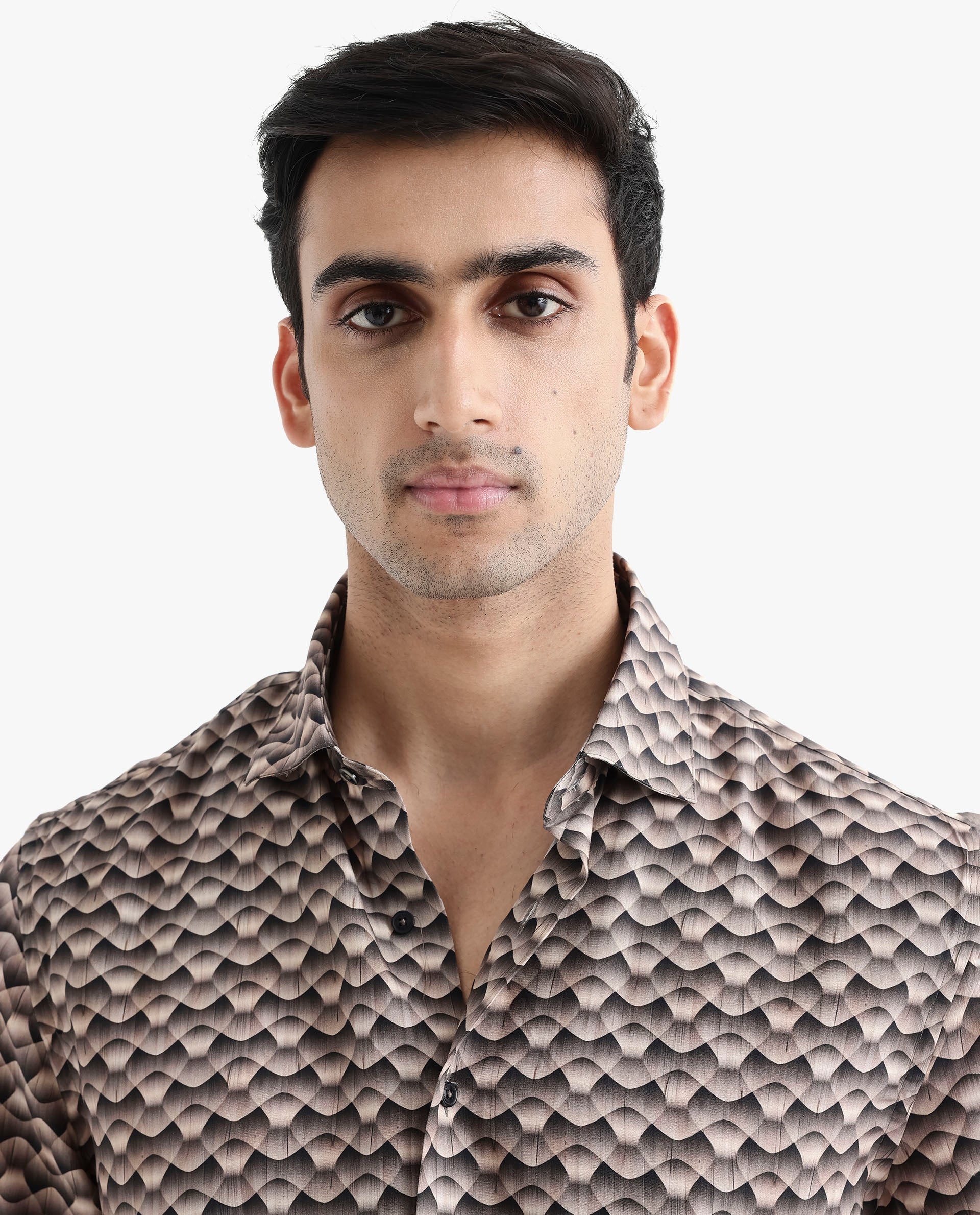 Rare Rabbit Men's Monar Ss Beige Viscose Geometric Print Boxy Fit Half Sleeve Collared Shirt - Image 5