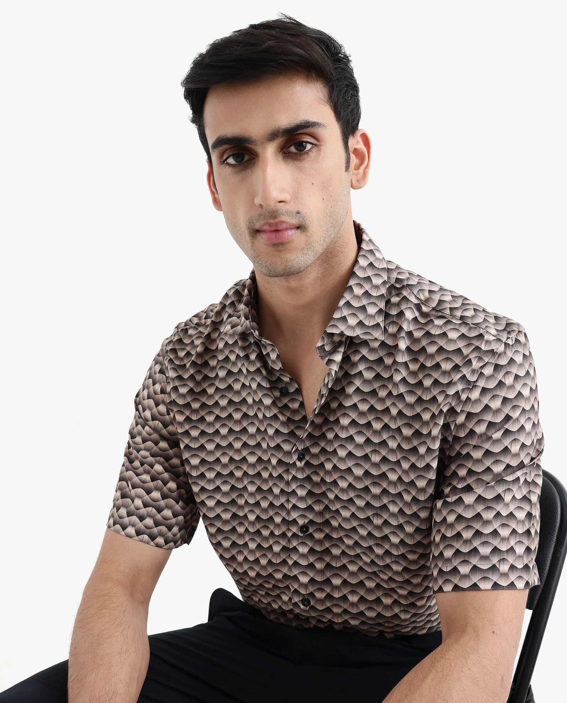 Rare Rabbit Men's Monar Ss Beige Viscose Geometric Print Boxy Fit Half Sleeve Collared Shirt - Image 6