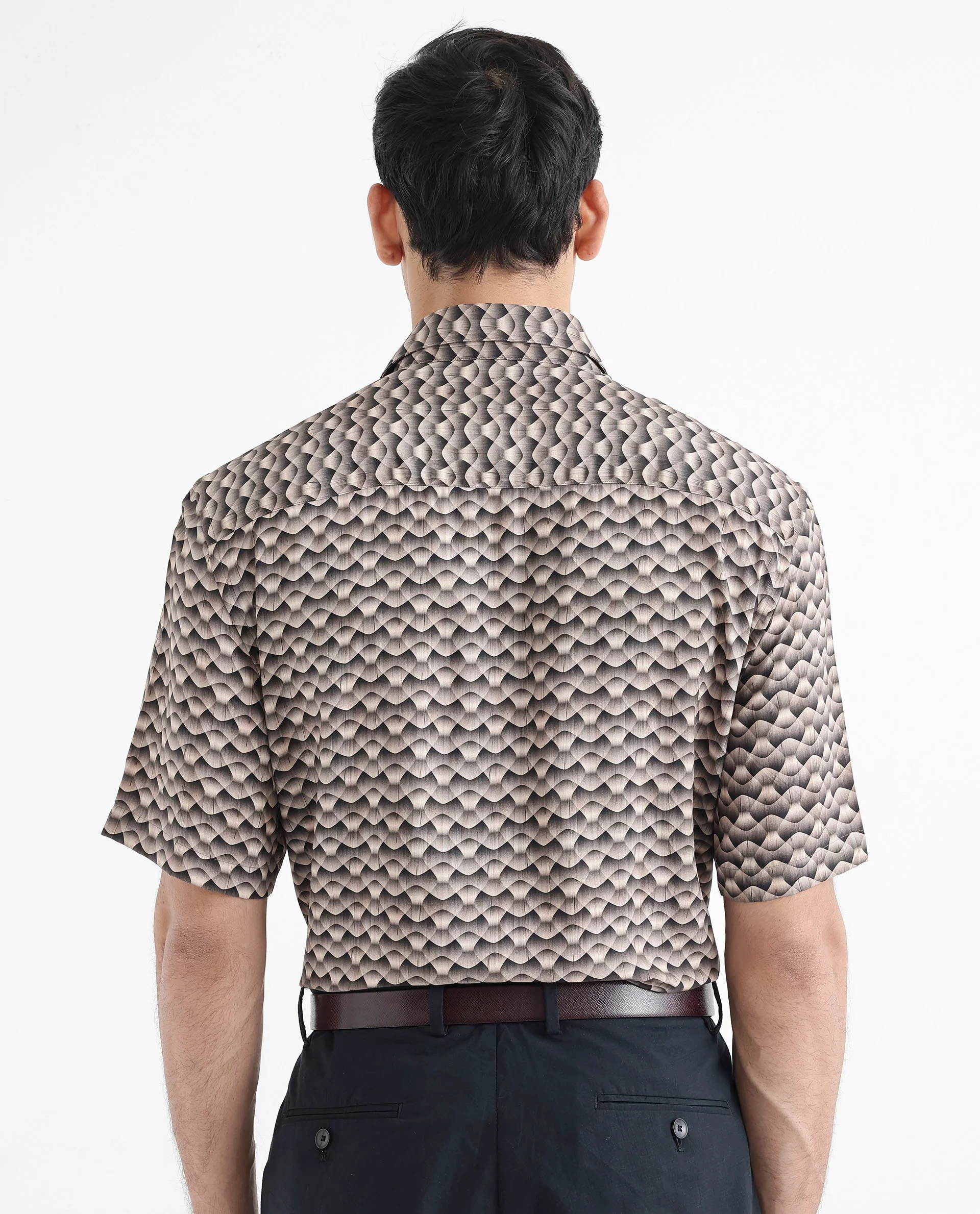 Rare Rabbit Men's Monar Ss Beige Viscose Geometric Print Boxy Fit Half Sleeve Collared Shirt - Image 7