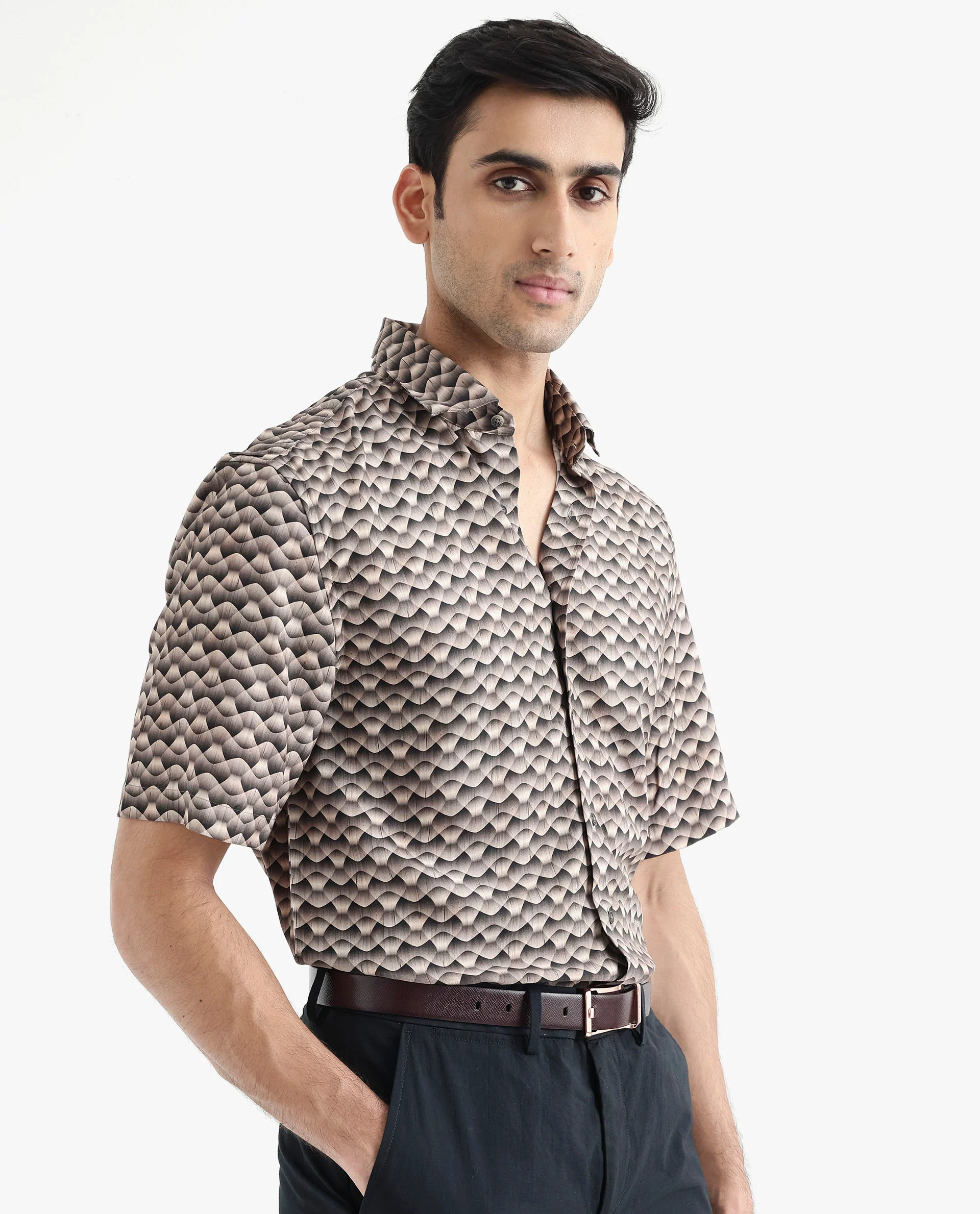 Rare Rabbit Men's Monar Ss Beige Viscose Geometric Print Boxy Fit Half Sleeve Collared Shirt - Image 8