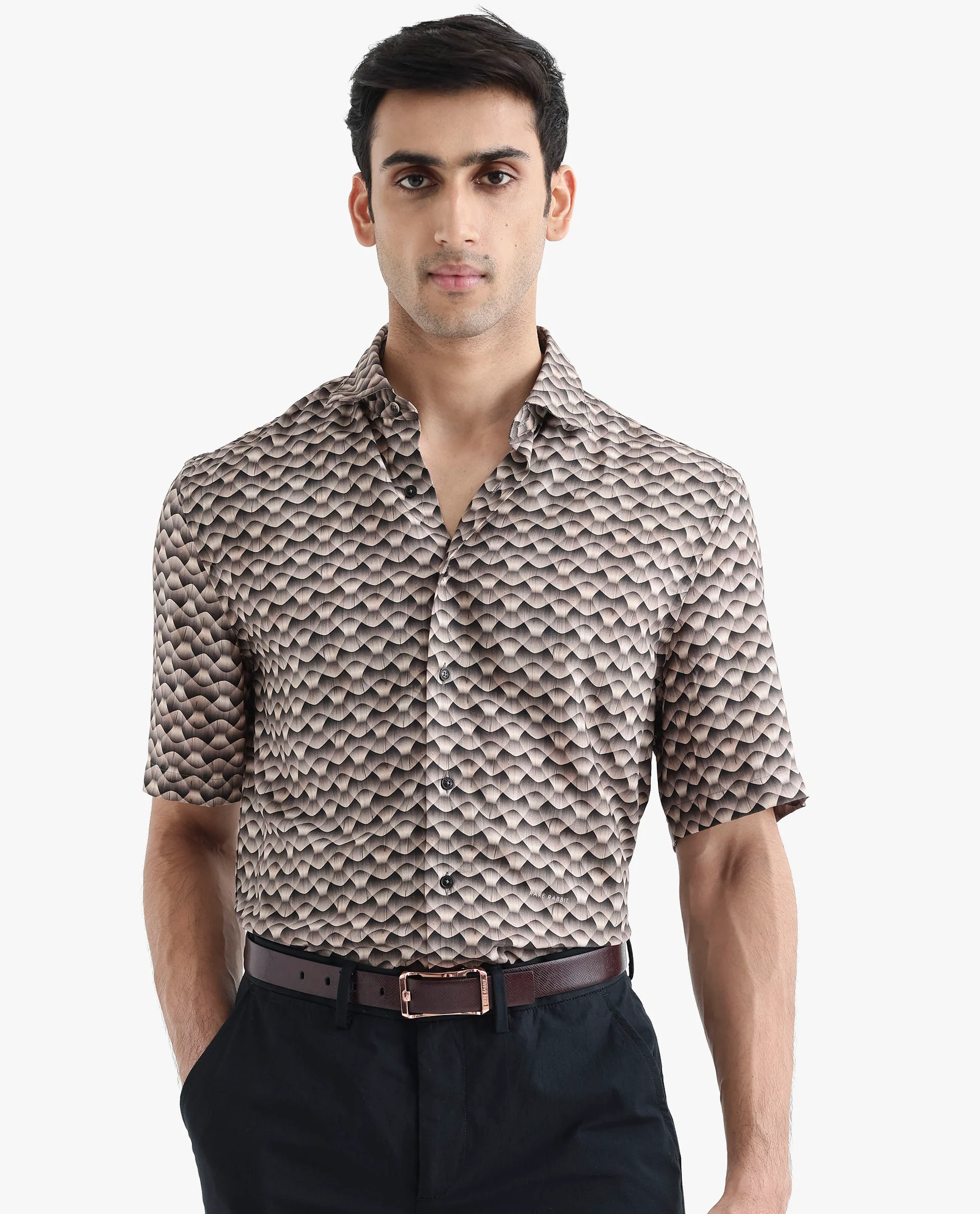Rare Rabbit Men's Monar Ss Beige Viscose Geometric Print Boxy Fit Half Sleeve Collared Shirt - Image 9