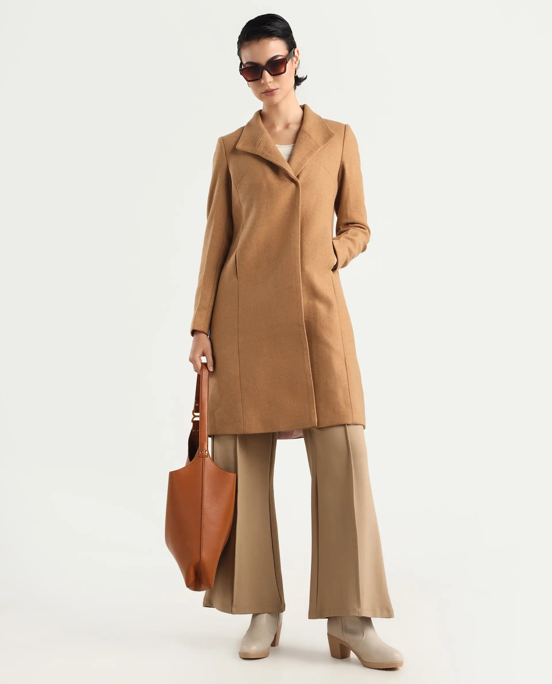 Rareism Women's Monch Beige Overlap Neck Plain Midi Boxy Fit Jacket - Image 2