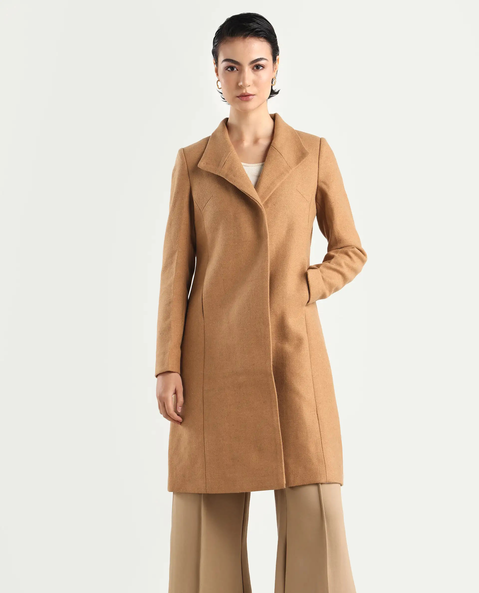 Rareism Women's Monch Beige Overlap Neck Plain Midi Boxy Fit Jacket - Image 3