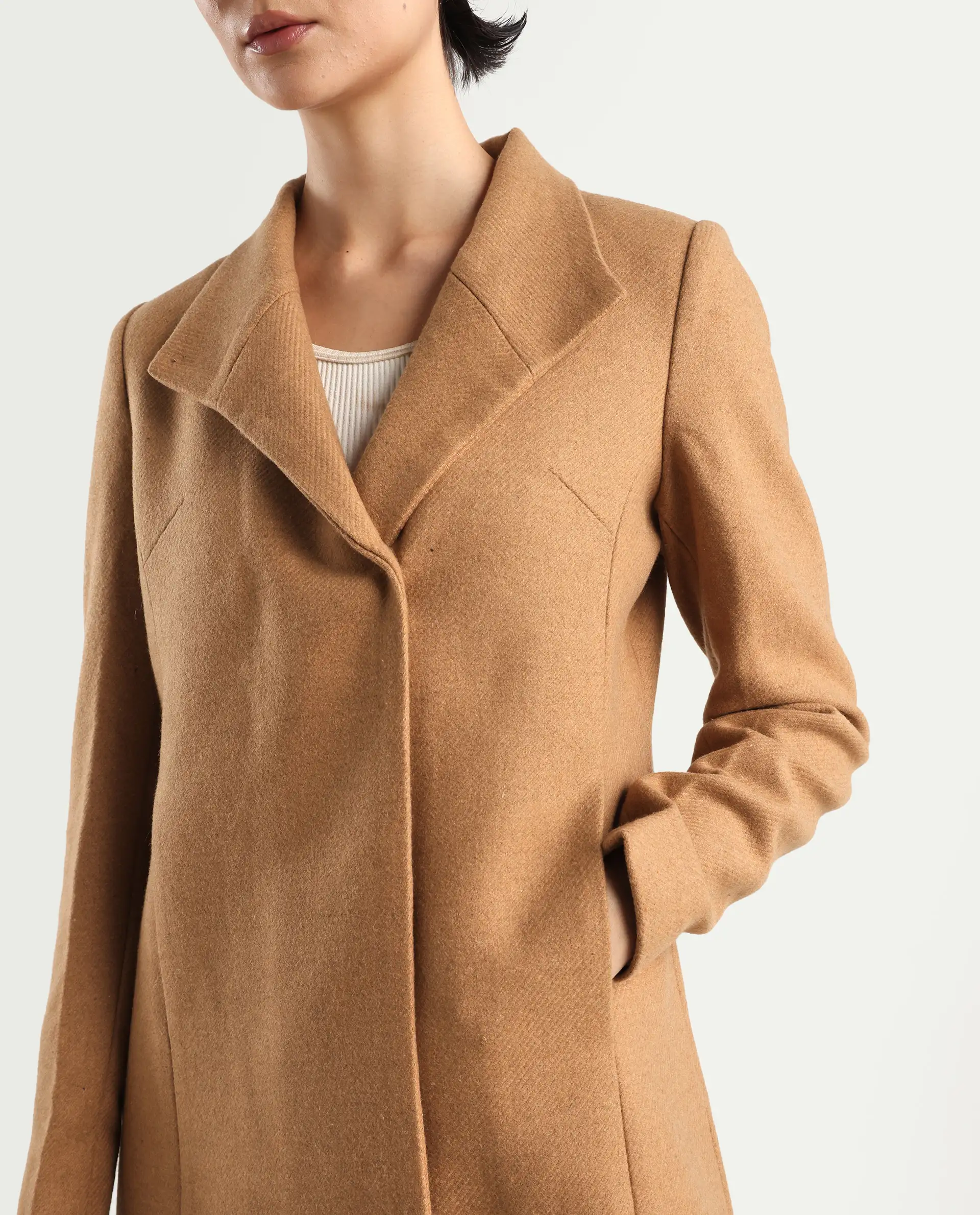 Rareism Women's Monch Beige Overlap Neck Plain Midi Boxy Fit Jacket - Image 4