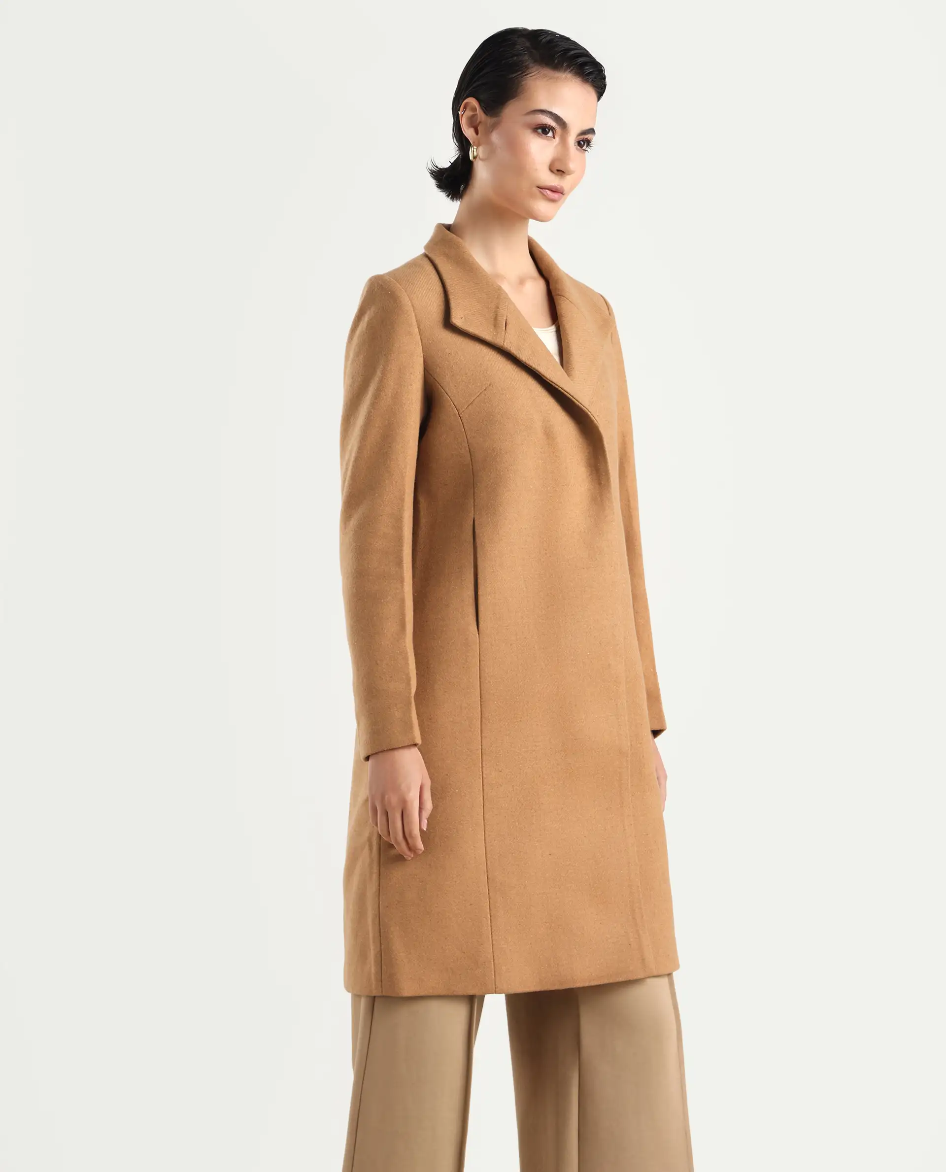 Rareism Women's Monch Beige Overlap Neck Plain Midi Boxy Fit Jacket - Image 5
