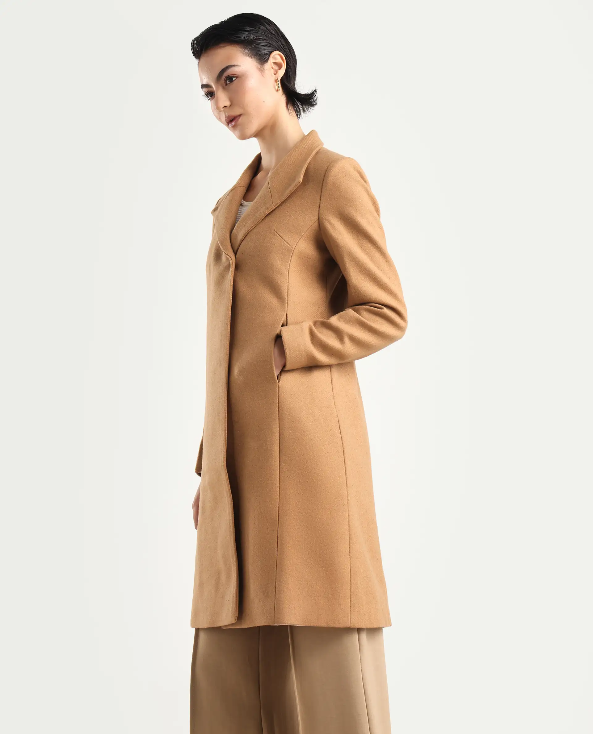 Rareism Women's Monch Beige Overlap Neck Plain Midi Boxy Fit Jacket - Image 6