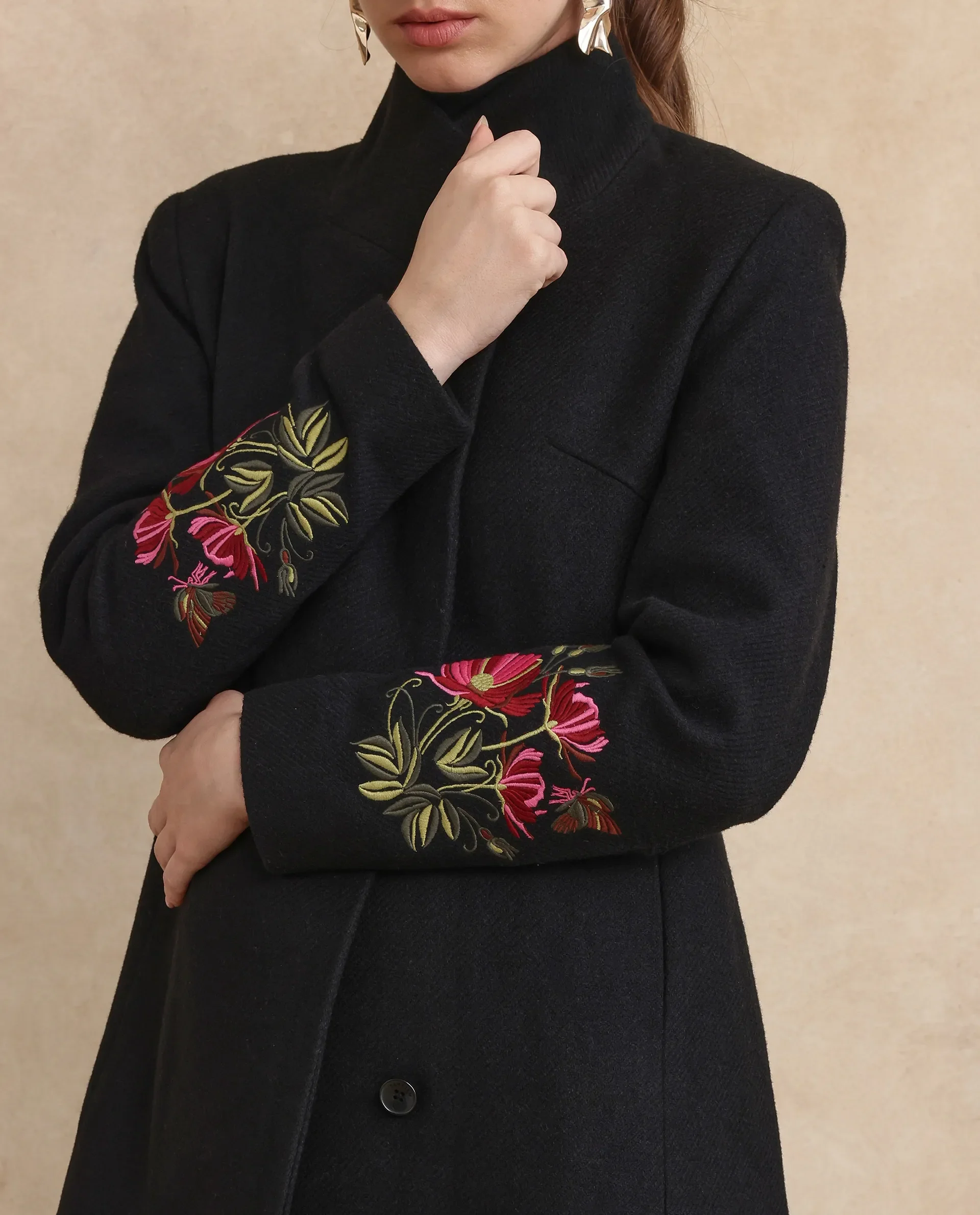 Rareism Women's Monch Black Overlap Neck Plain Midi Straight Fit Jacket - Image 2