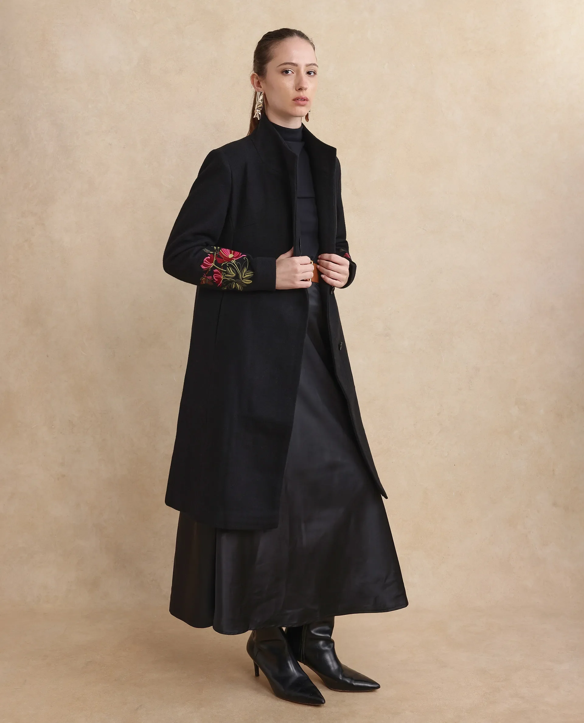 Rareism Women's Monch Black Overlap Neck Plain Midi Straight Fit Jacket - Image 6