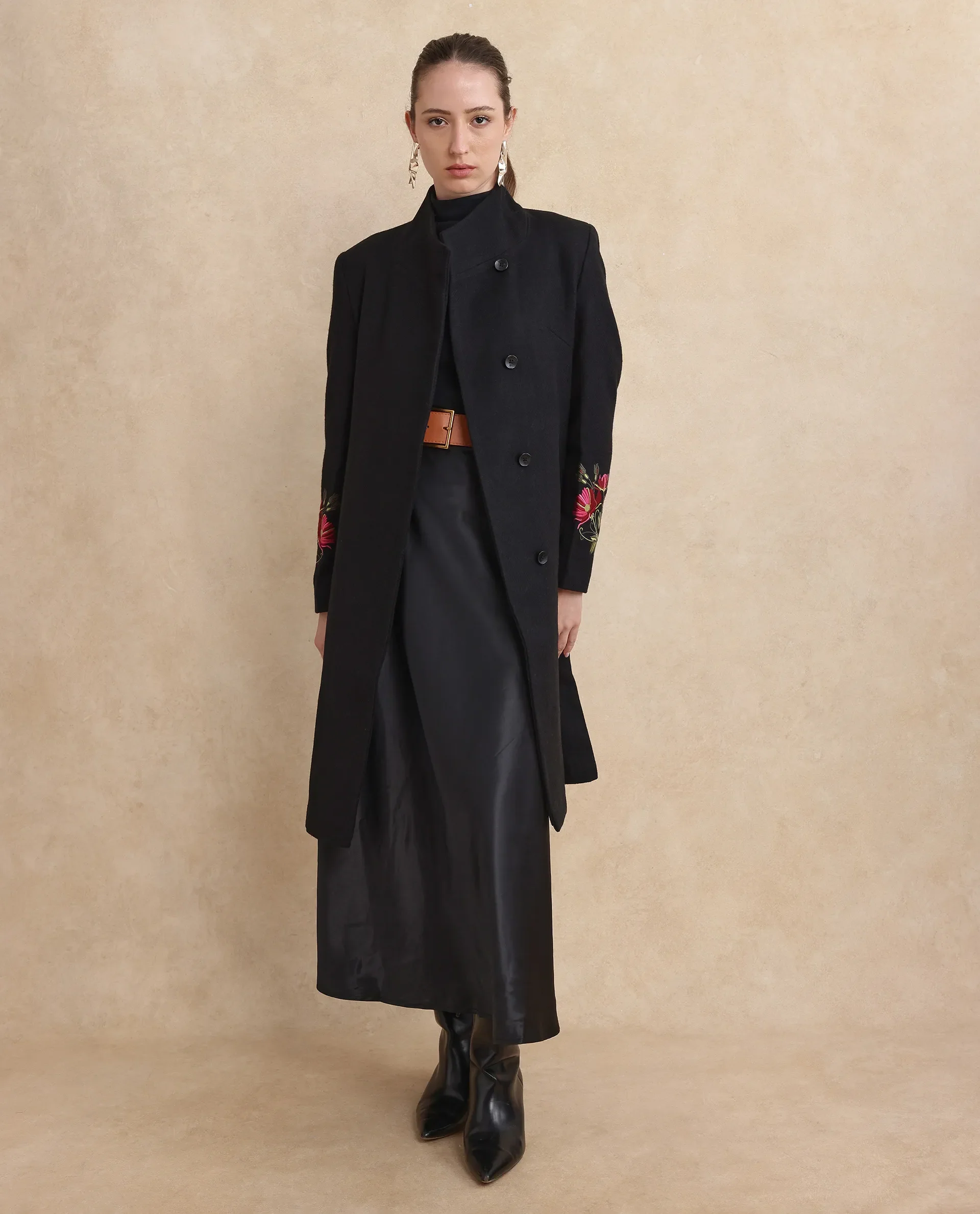 Rareism Women's Monch Black Overlap Neck Plain Midi Straight Fit Jacket - Image 9