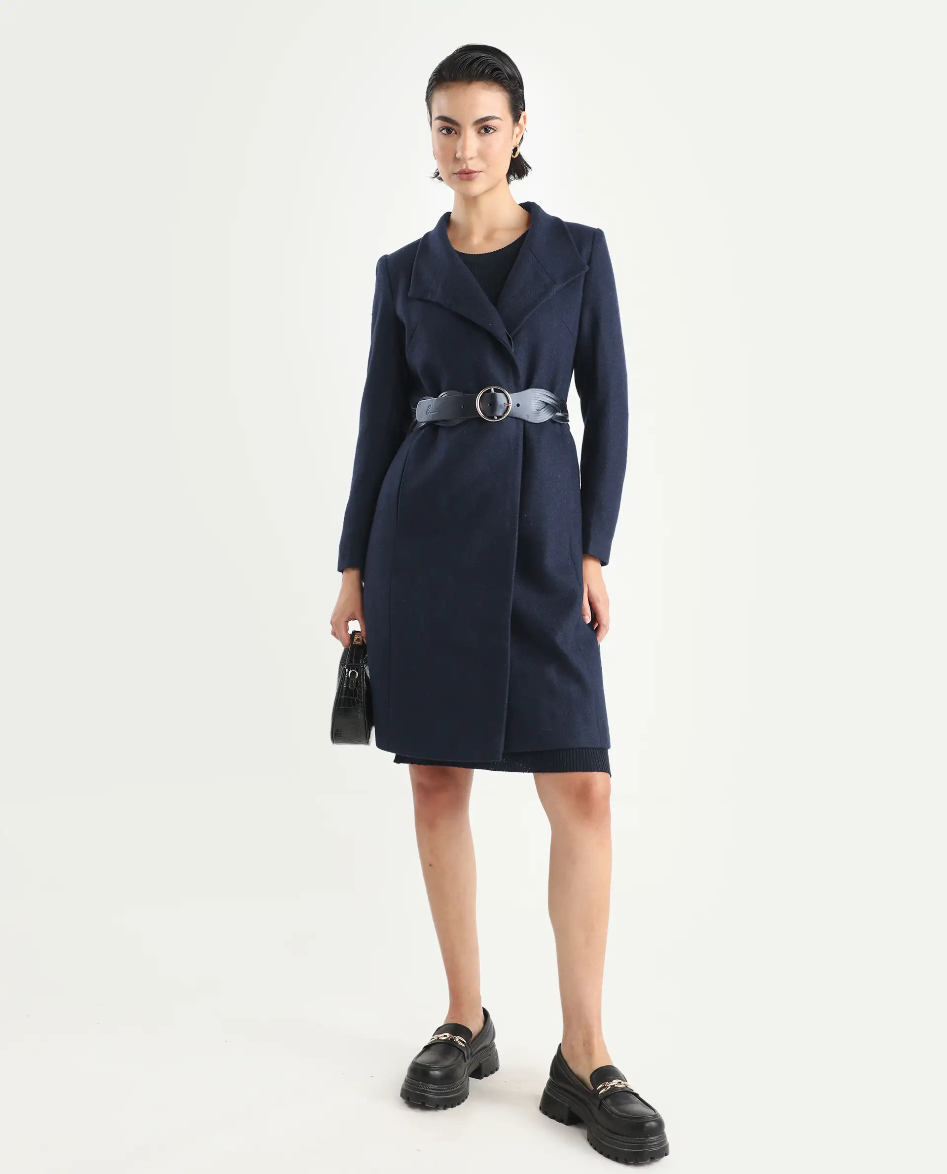 Rareism Women's Monch Navy Overlap Neck Plain Midi Boxy Fit Jacket - Image 2