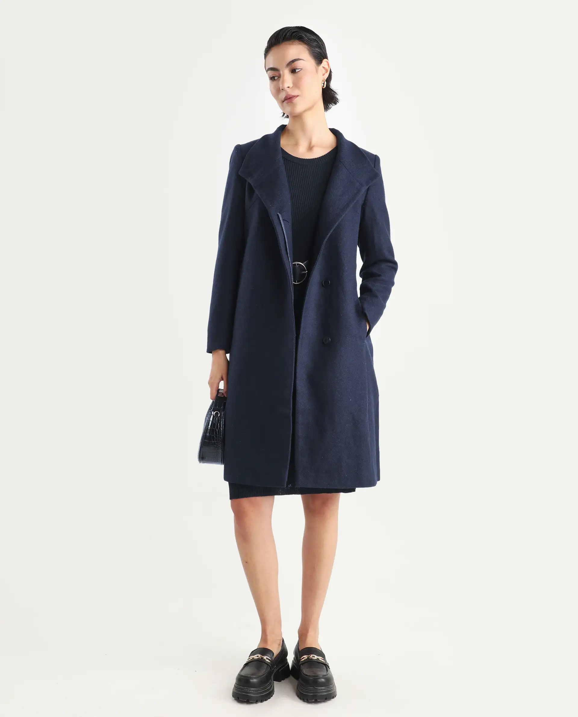 Rareism Women's Monch Navy Overlap Neck Plain Midi Boxy Fit Jacket - Image 3
