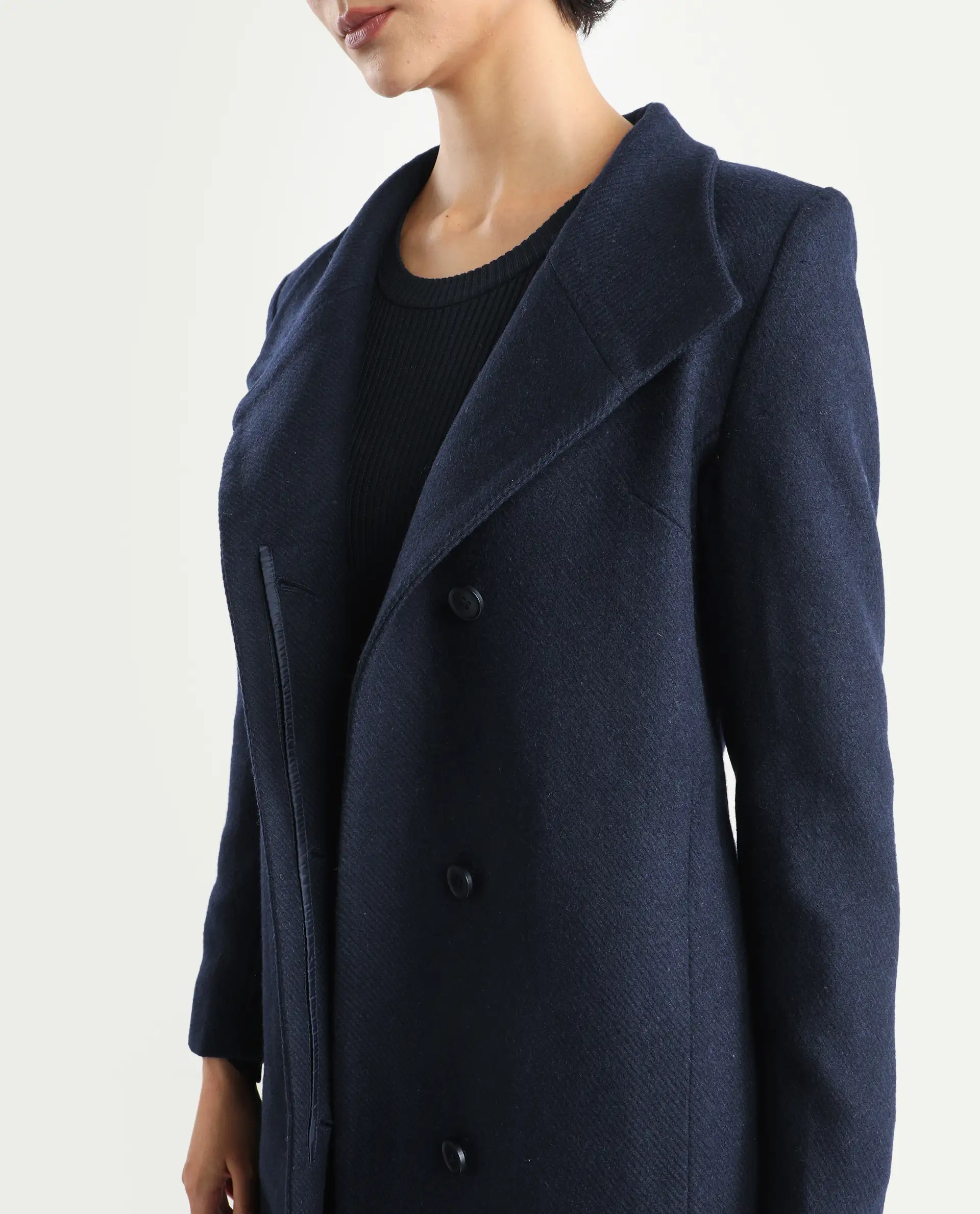Rareism Women's Monch Navy Overlap Neck Plain Midi Boxy Fit Jacket - Image 4