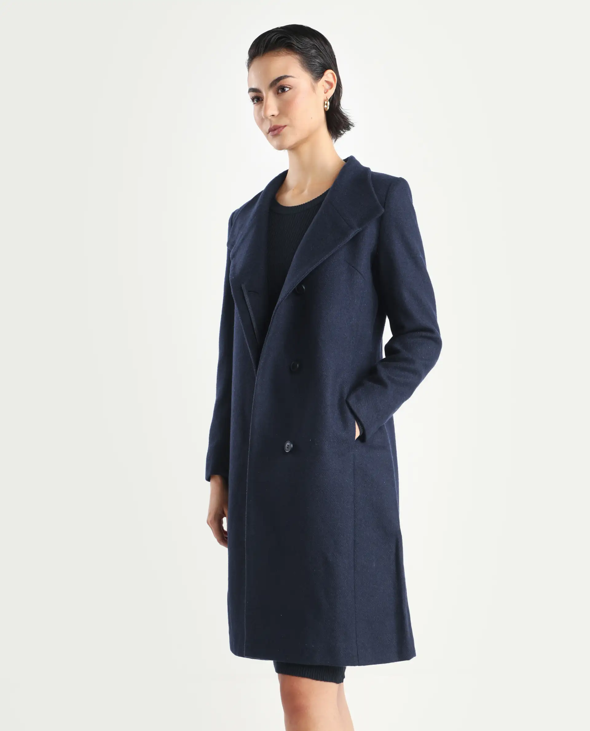 Rareism Women's Monch Navy Overlap Neck Plain Midi Boxy Fit Jacket - Image 5