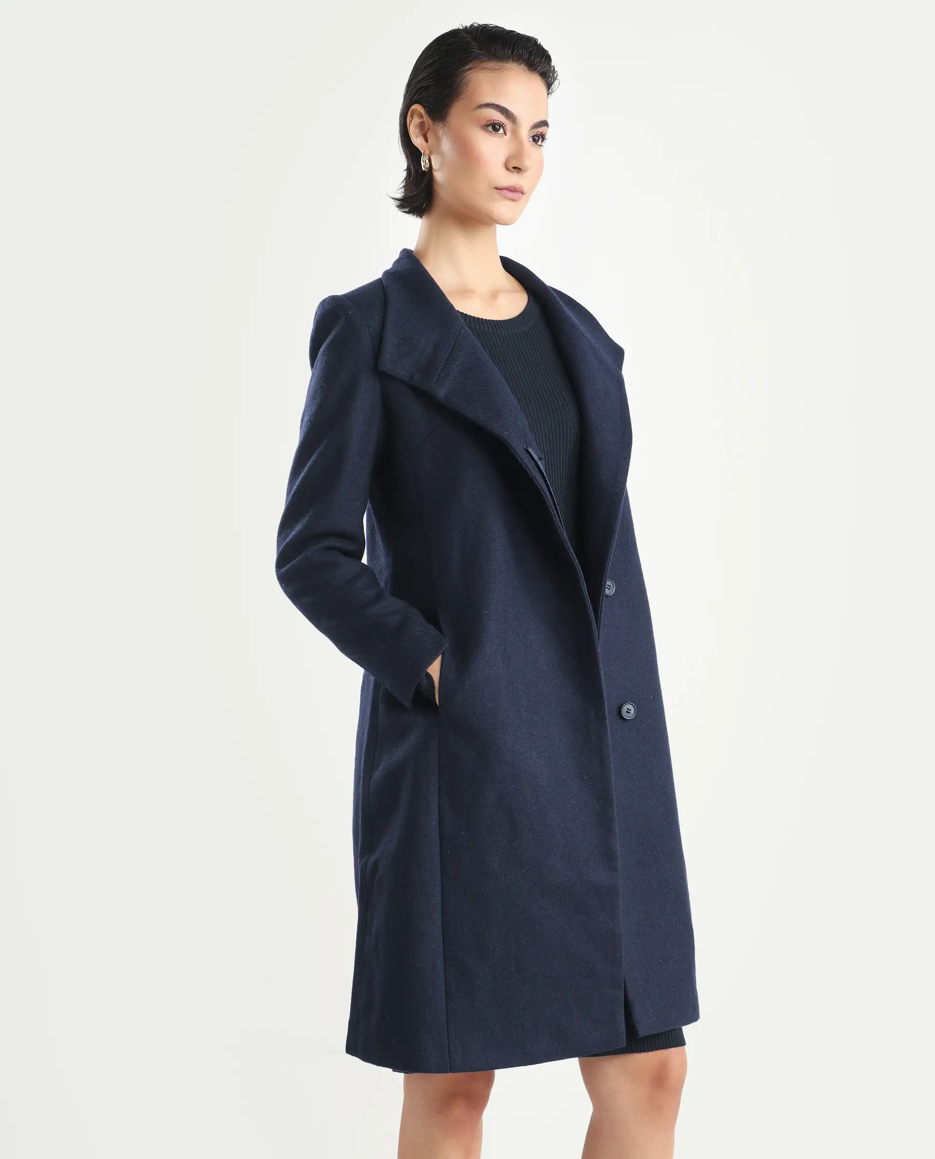 Rareism Women's Monch Navy Overlap Neck Plain Midi Boxy Fit Jacket - Image 6