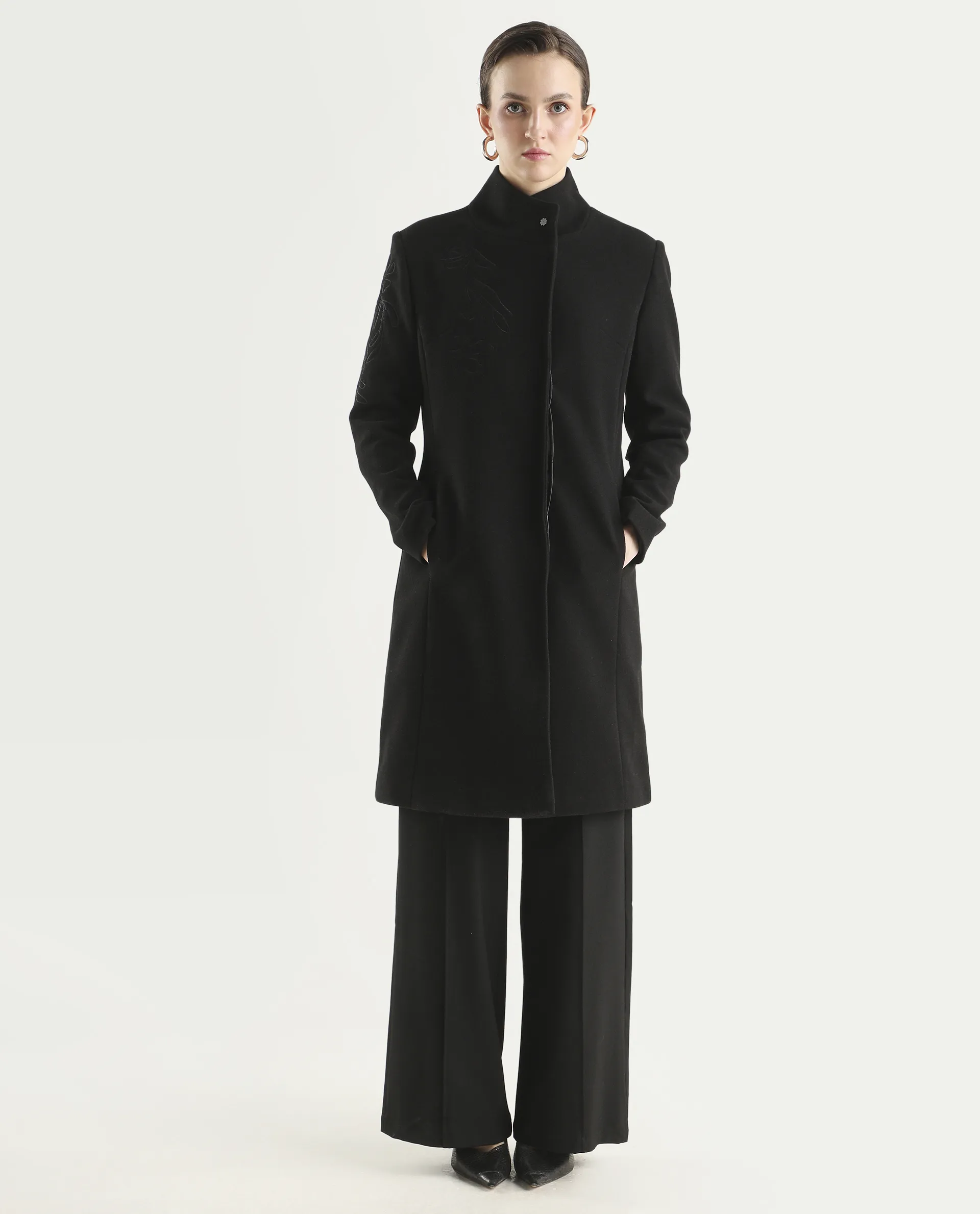 Rareism Women's Monchy Black Polyester Blend High Neck Regular Fit Coat - Image 2