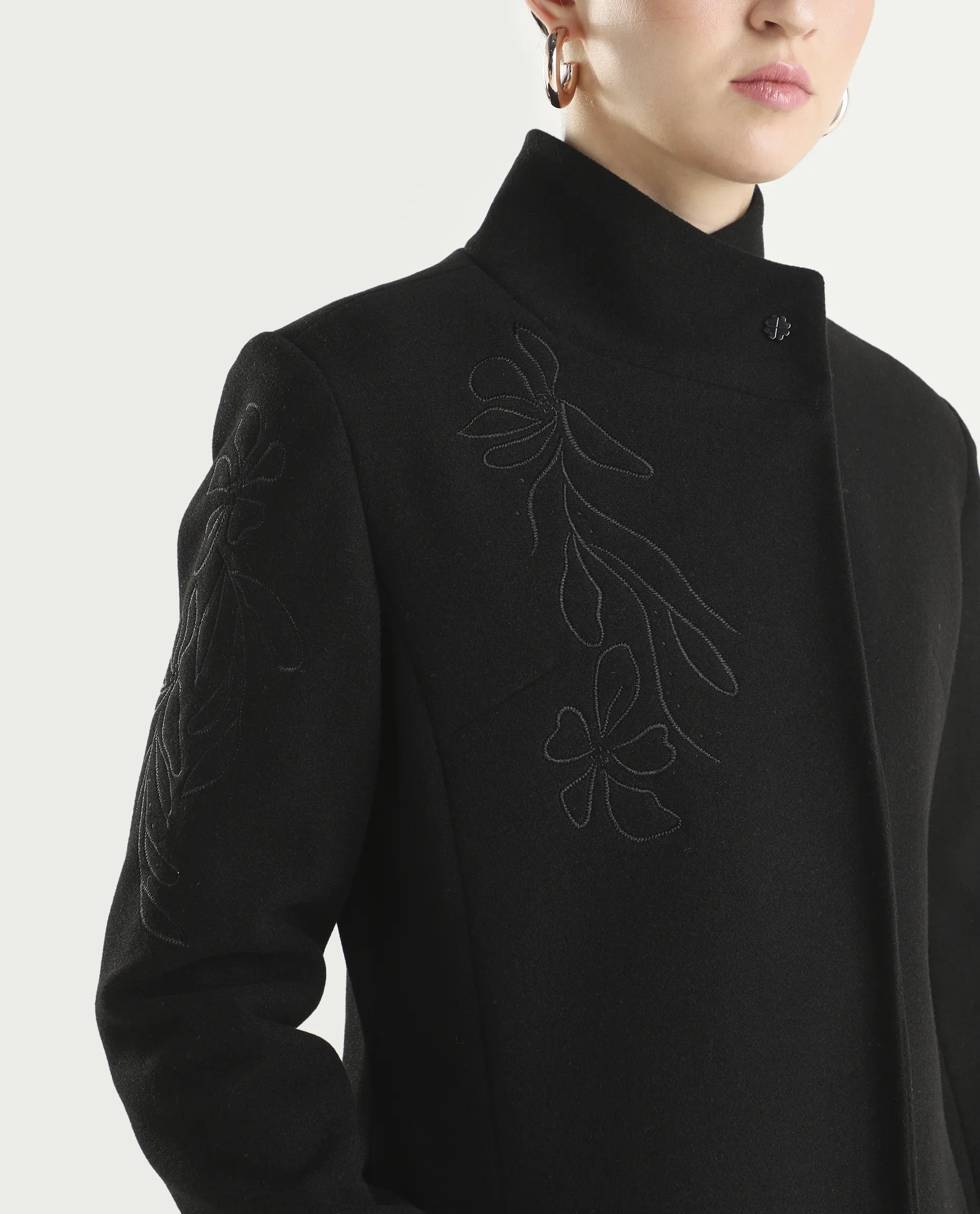 Rareism Women's Monchy Black Polyester Blend High Neck Regular Fit Coat - Image 3