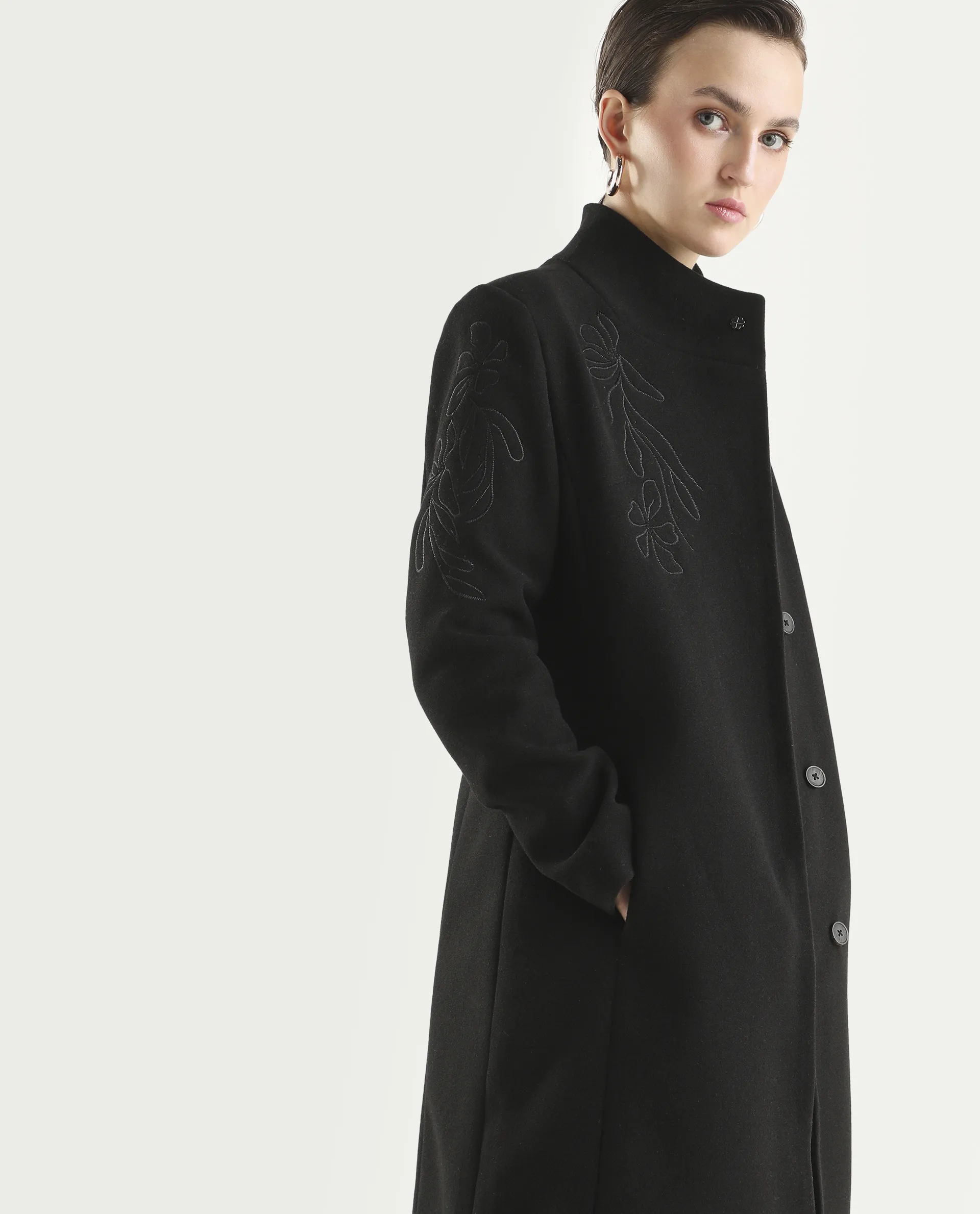 Rareism Women's Monchy Black Polyester Blend High Neck Regular Fit Coat - Image 4