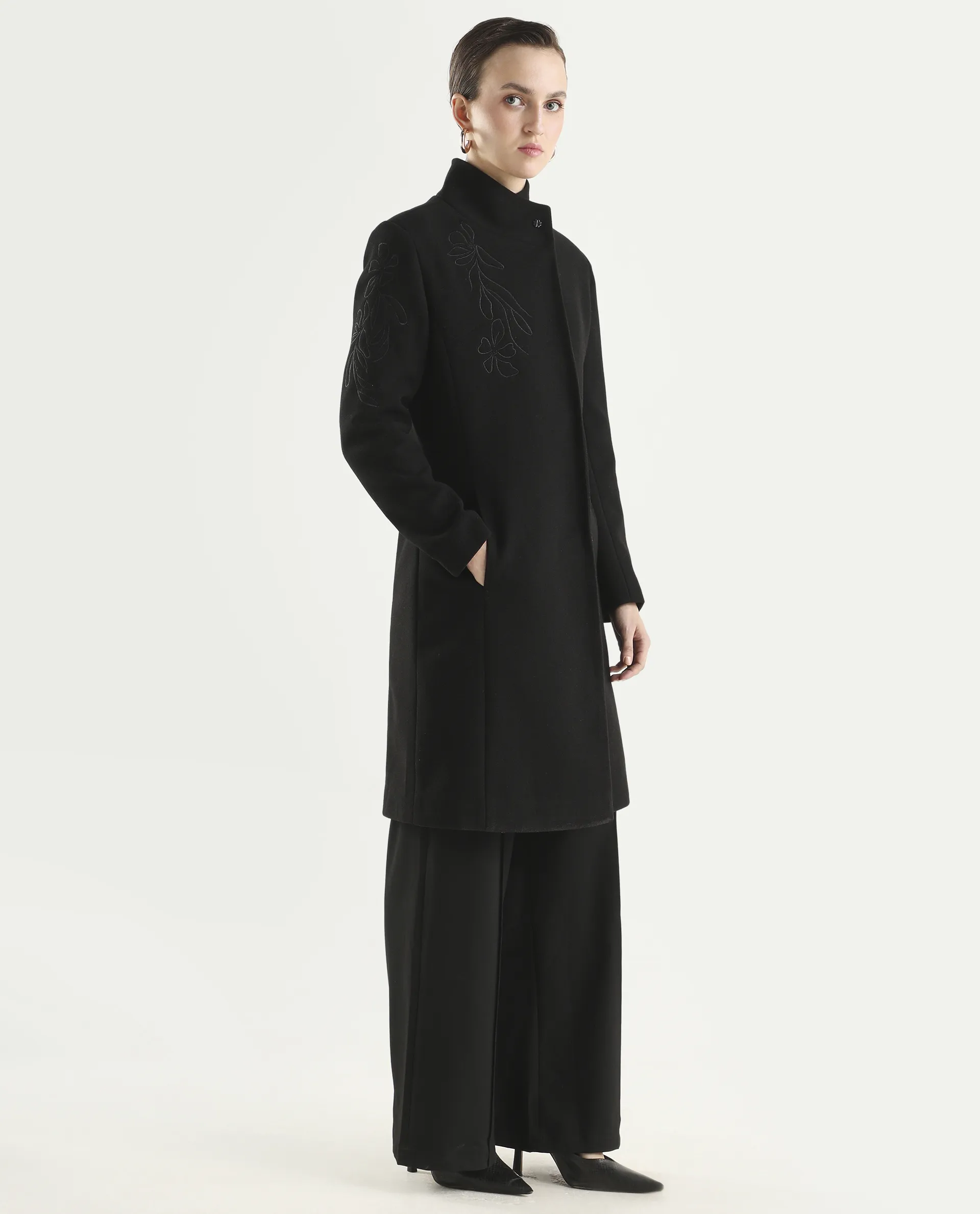 Rareism Women's Monchy Black Polyester Blend High Neck Regular Fit Coat - Image 5