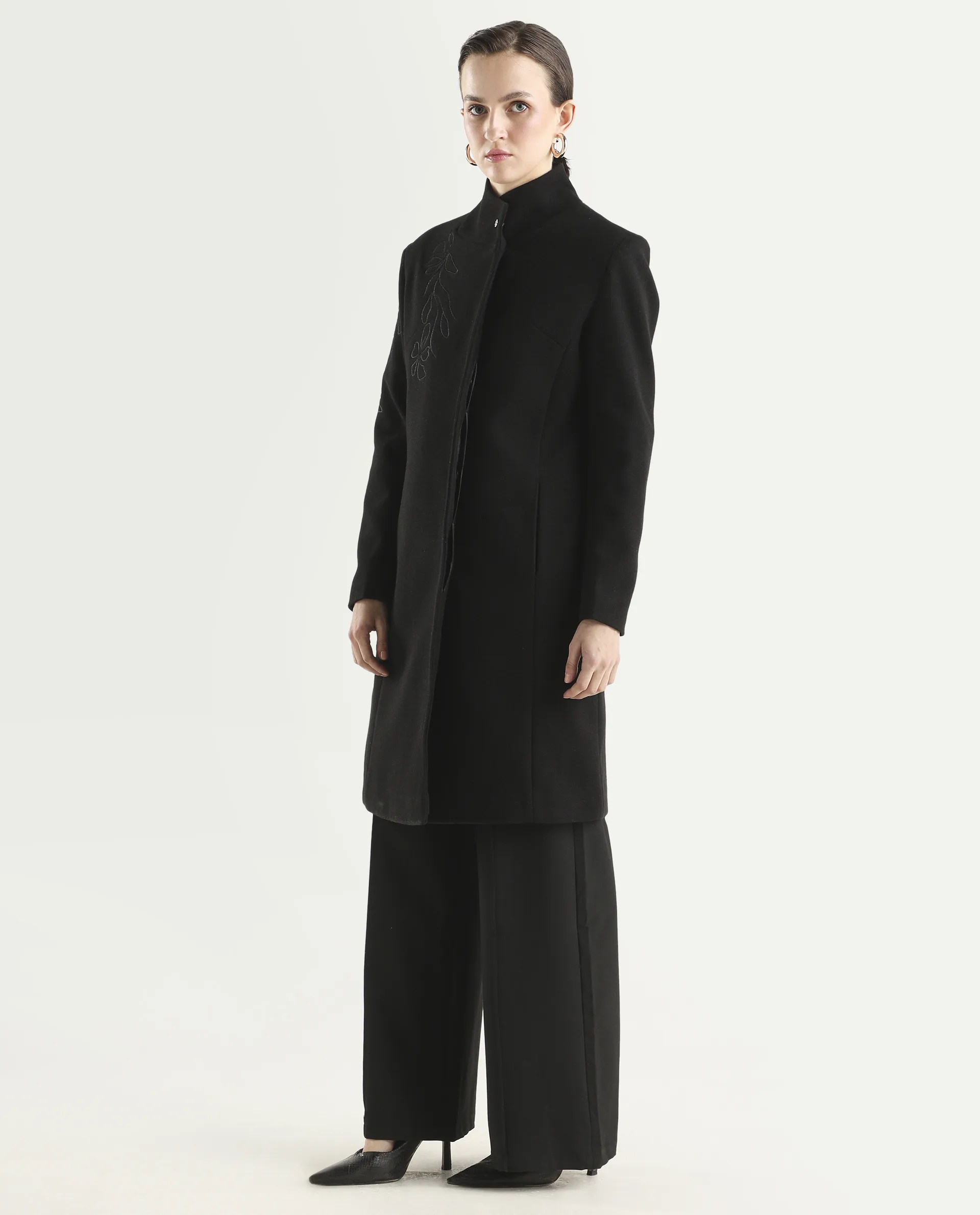 Rareism Women's Monchy Black Polyester Blend High Neck Regular Fit Coat - Image 6