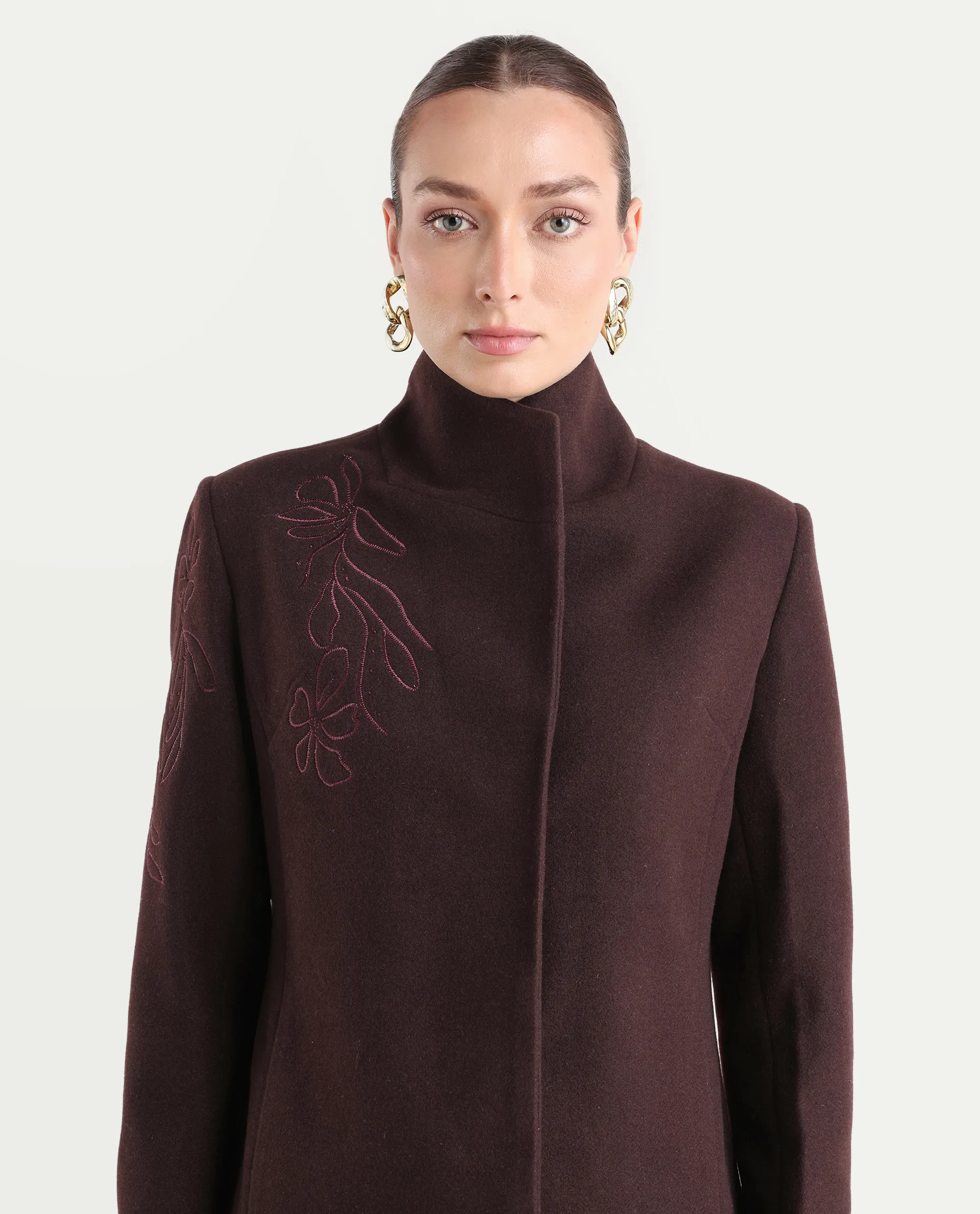 Rareism Women's Monchy Prune Polyester Blend High Neck Regular Fit Coat - Image 3