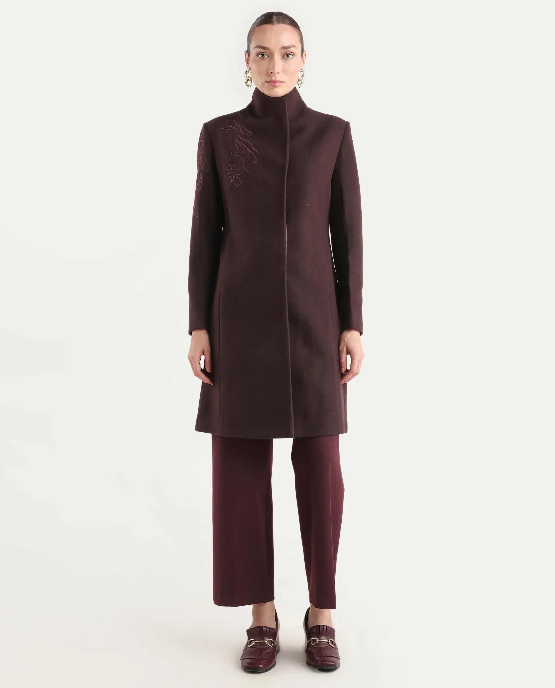 Rareism Women's Monchy Prune Polyester Blend High Neck Regular Fit Coat - Image 4