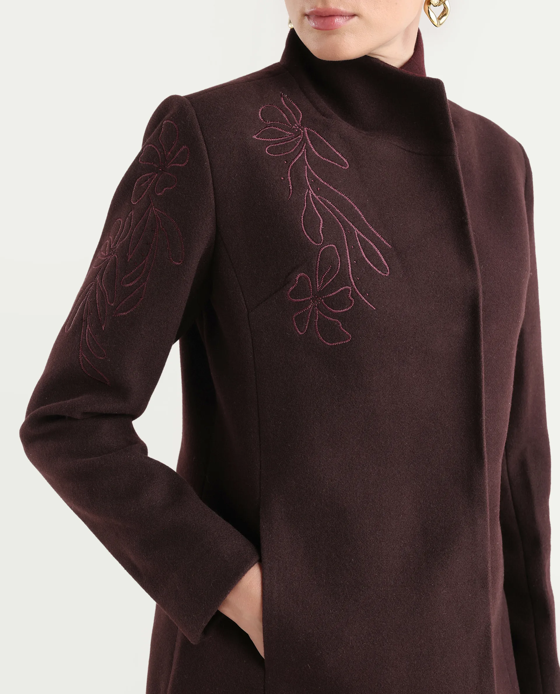 Rareism Women's Monchy Prune Polyester Blend High Neck Regular Fit Coat - Image 6
