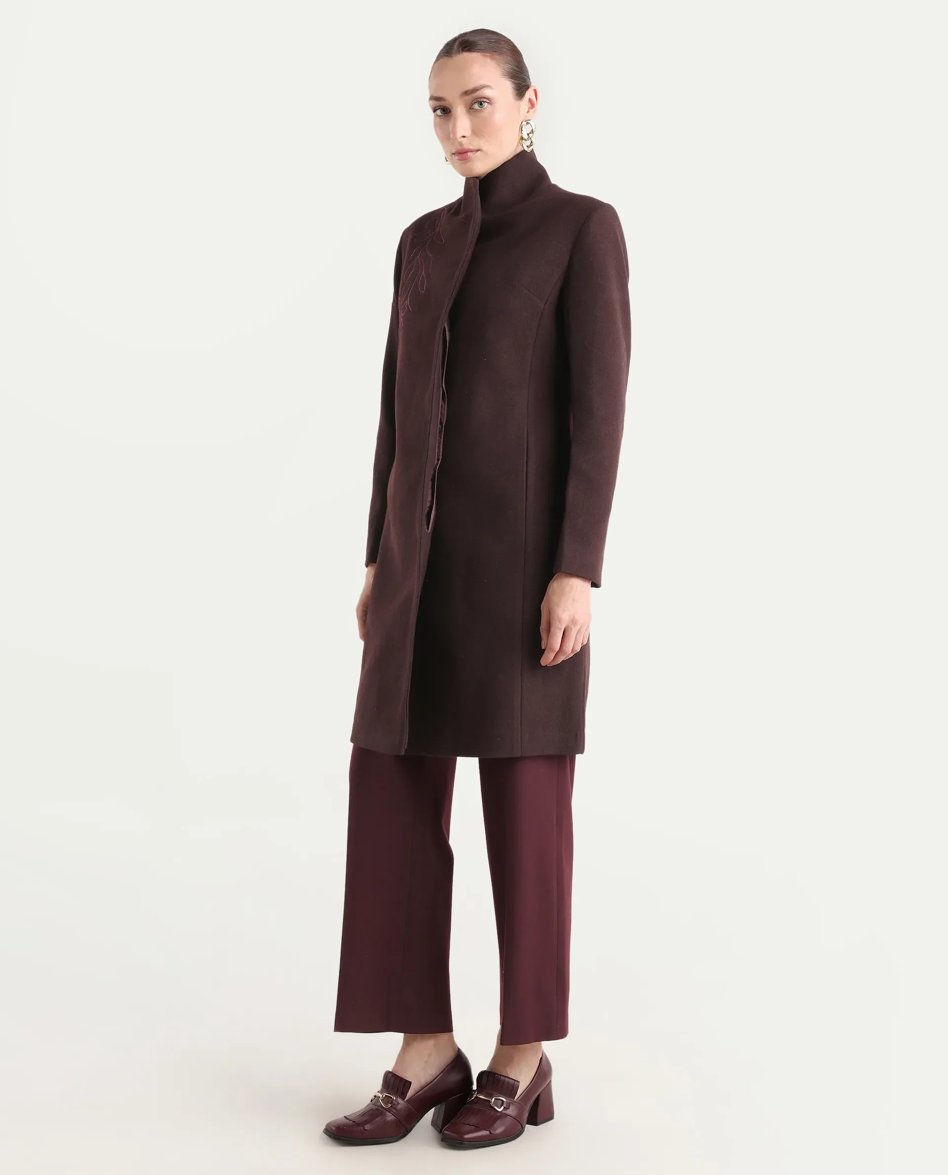 Rareism Women's Monchy Prune Polyester Blend High Neck Regular Fit Coat - Image 7