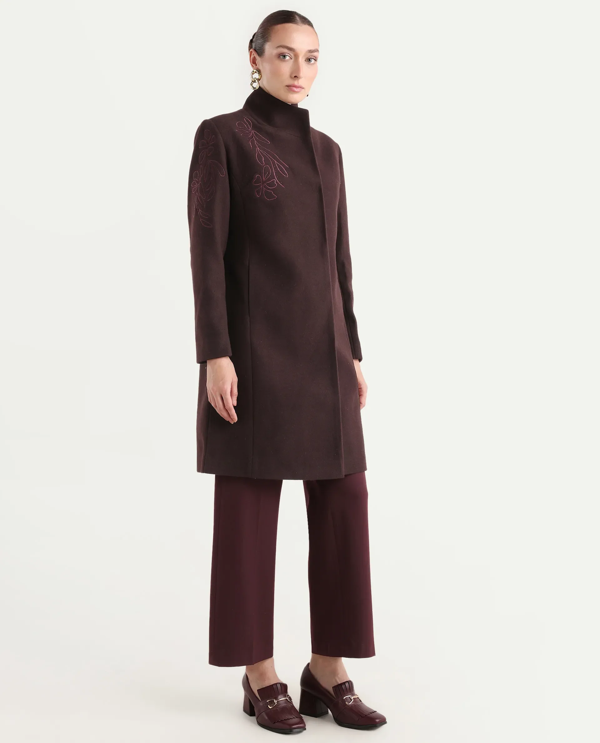 Rareism Women's Monchy Prune Polyester Blend High Neck Regular Fit Coat - Image 8