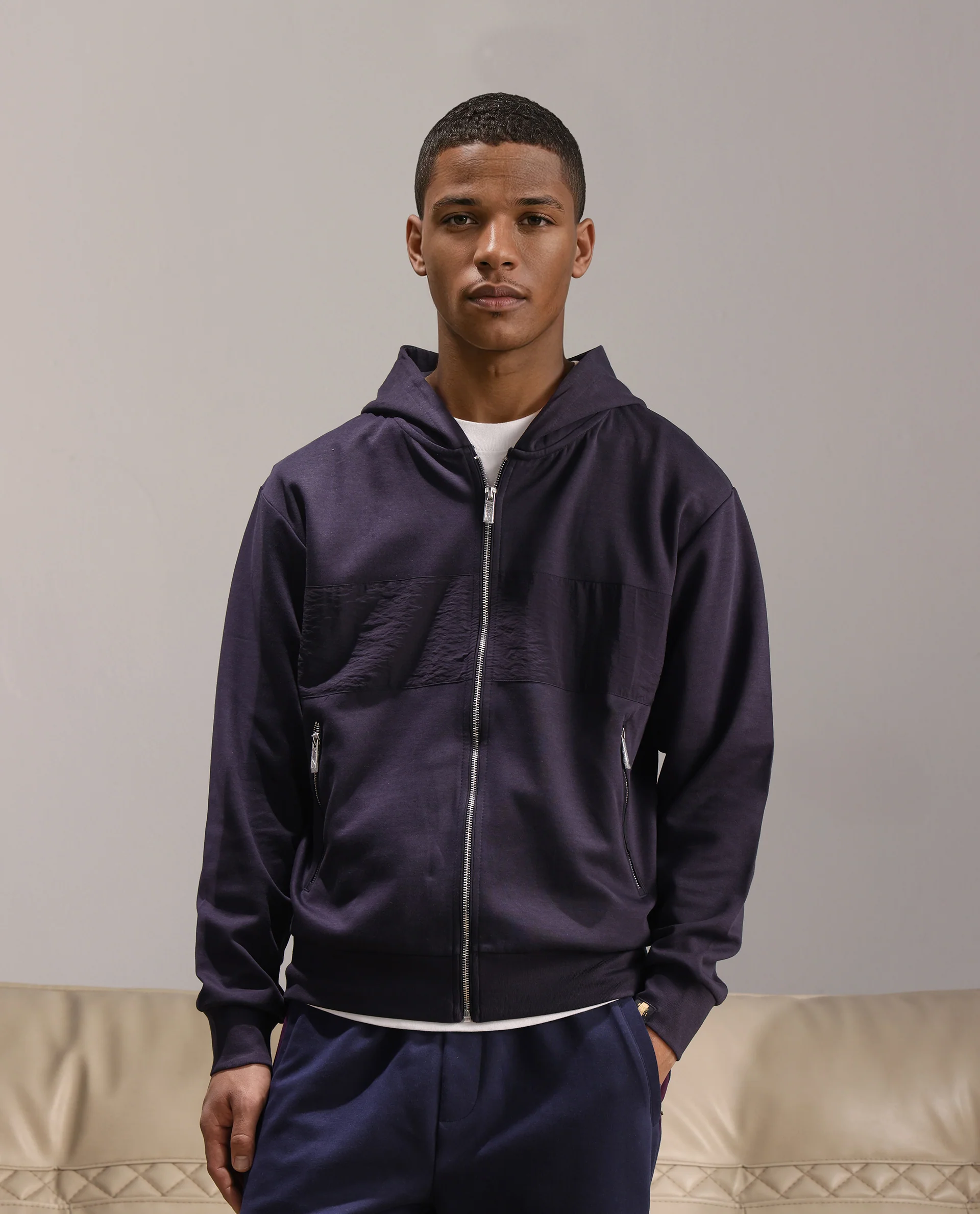 Rare Rabbit Men's Monct Navy Nylon Cut And Sew Regular Fit Full Sleeve Hooded Sweatshirt