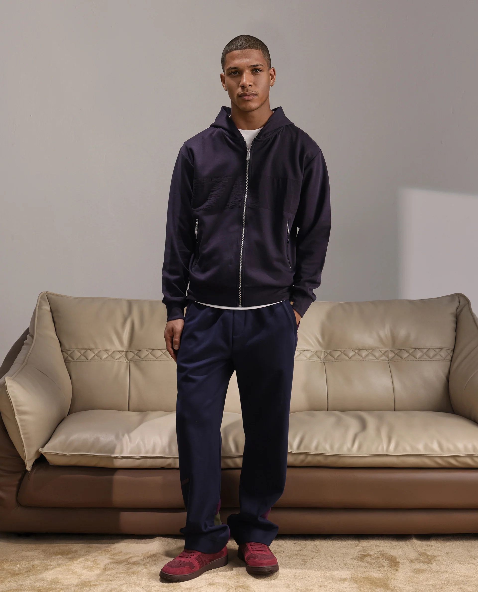 Rare Rabbit Men's Monct Navy Nylon Cut And Sew Regular Fit Full Sleeve Hooded Sweatshirt - Image 2